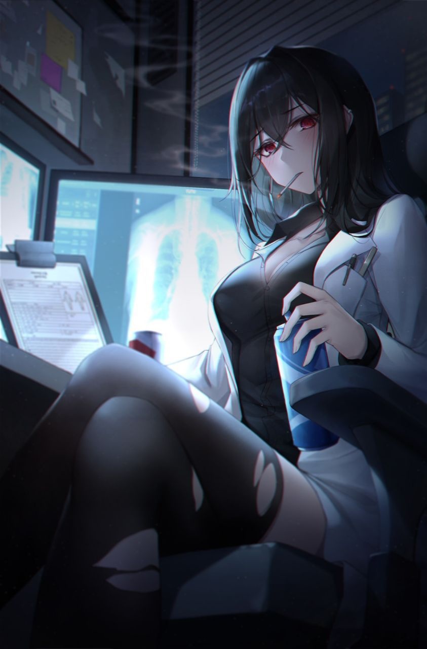 Anime girl with red eyes smoking in an office HD Phone Wallpaper