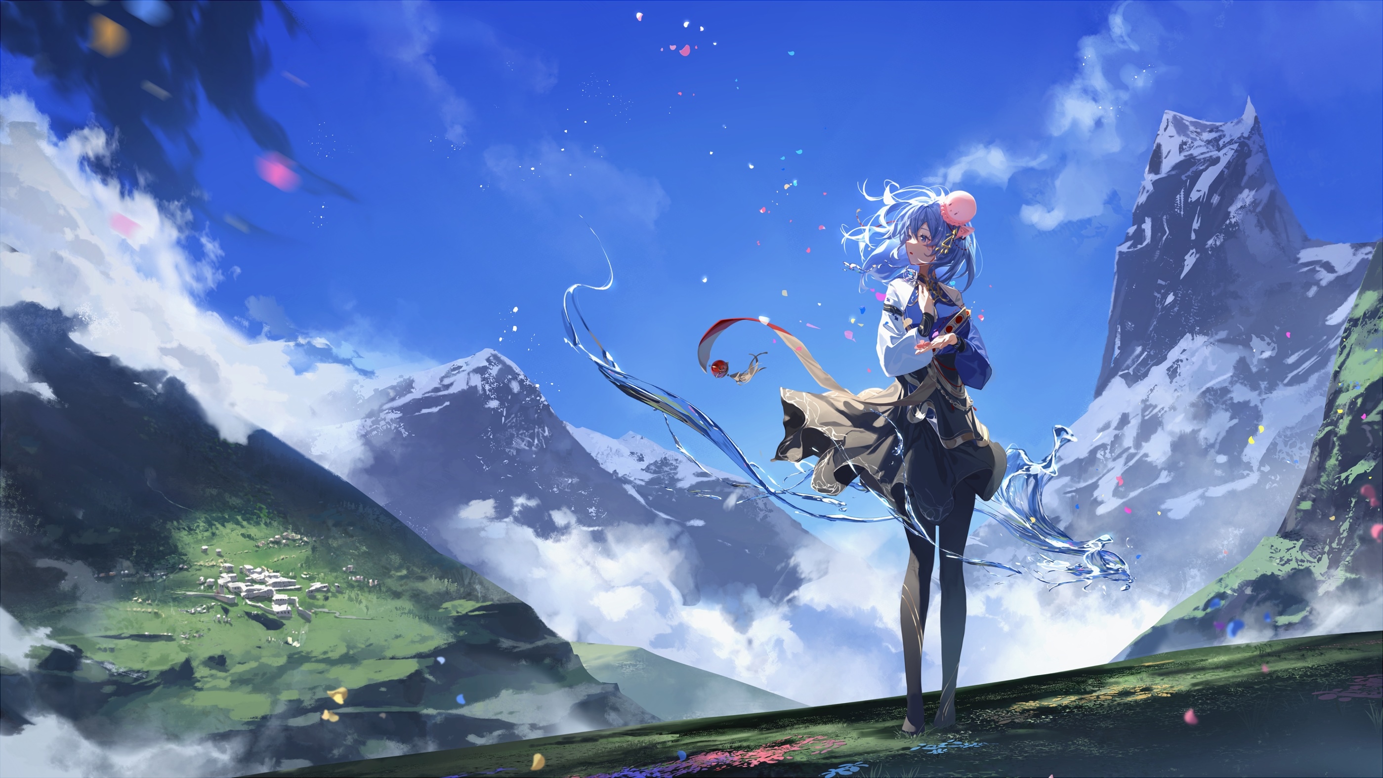 Girl with blue hair in a mountain landscape HD Wallpaper