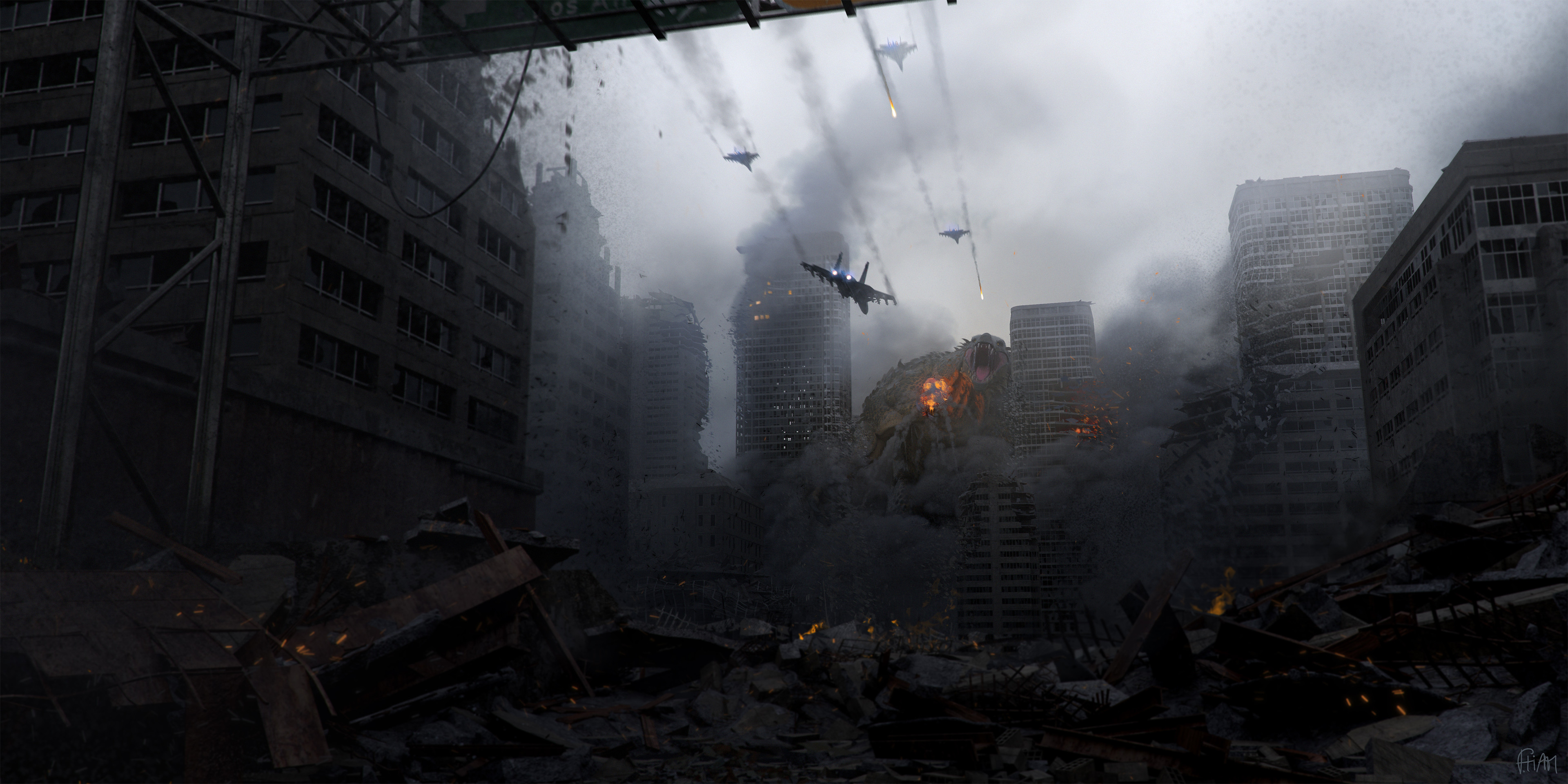 Creature and jets in ruined city HD Wallpaper
