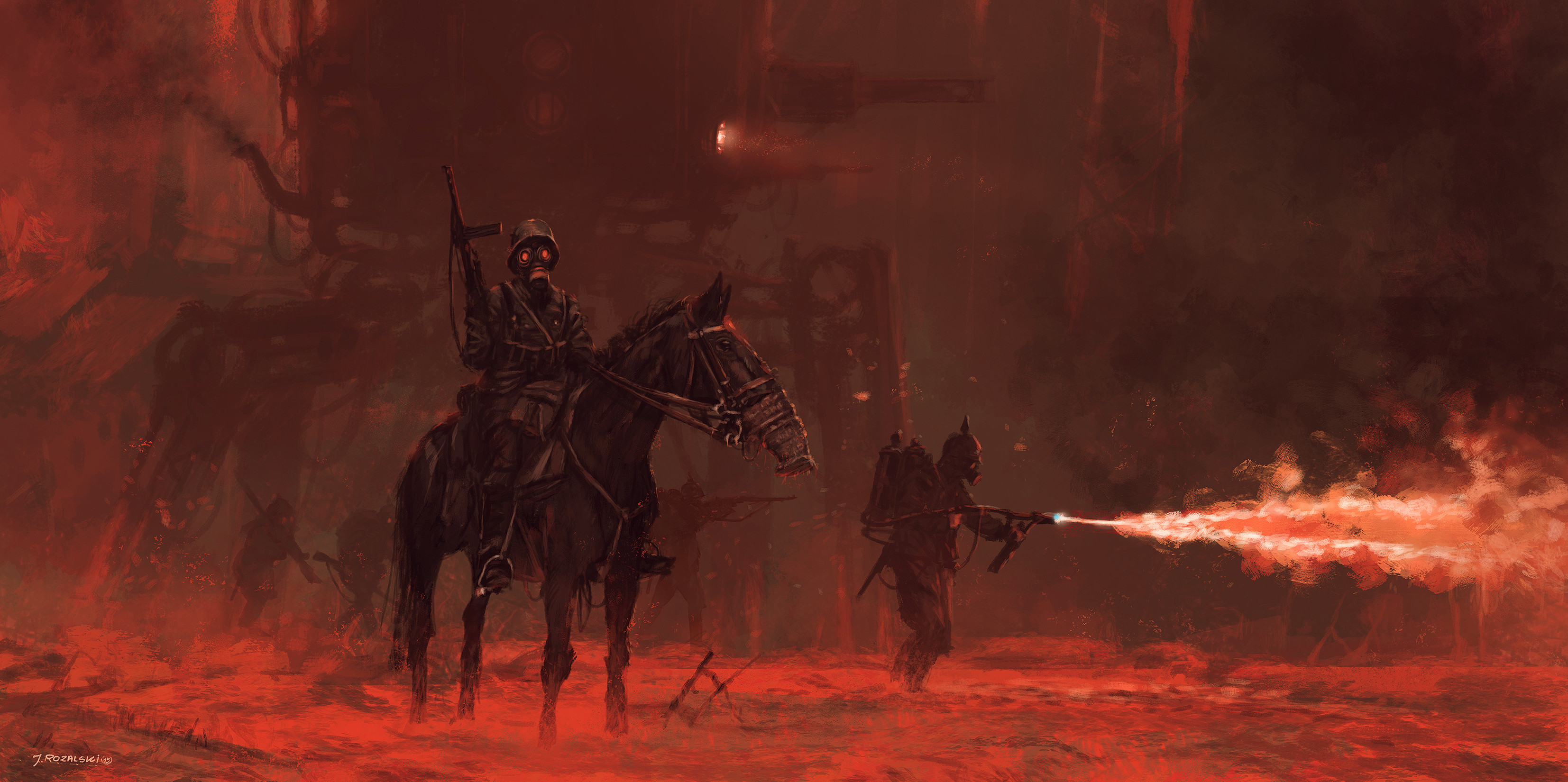 Soldiers in gas masks with flamethrower and horse in red landscape HD Wallpaper