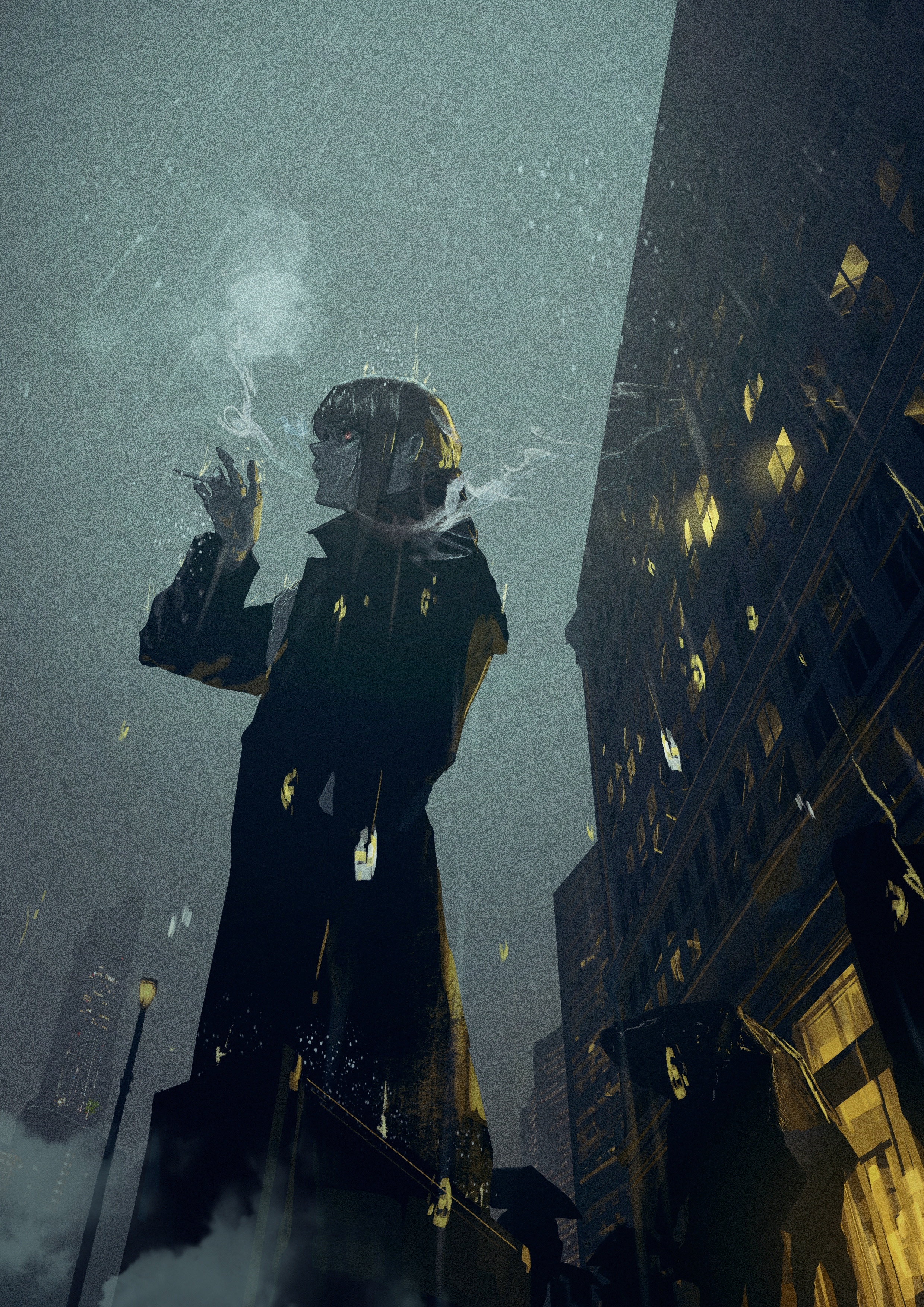 Person smoking in a rainy city at night HD Phone Wallpaper