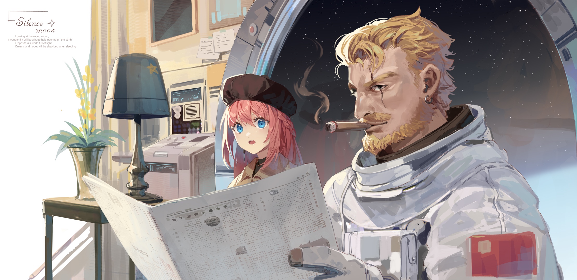Anime girl and man in spacesuit reading newspaper HD Wallpaper