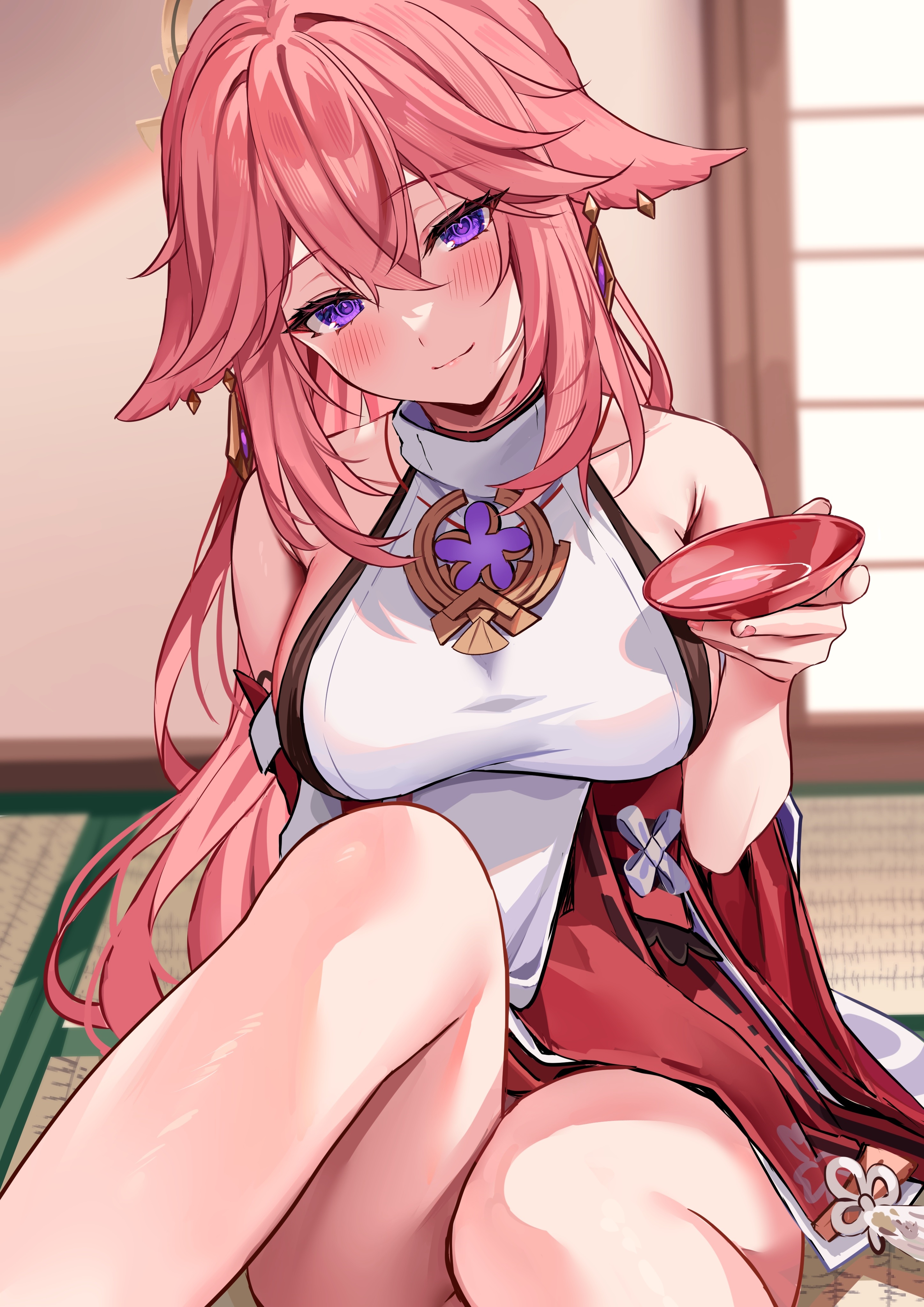 Yae Miko from Genshin Impact holding a sake cup HD Phone Wallpaper
