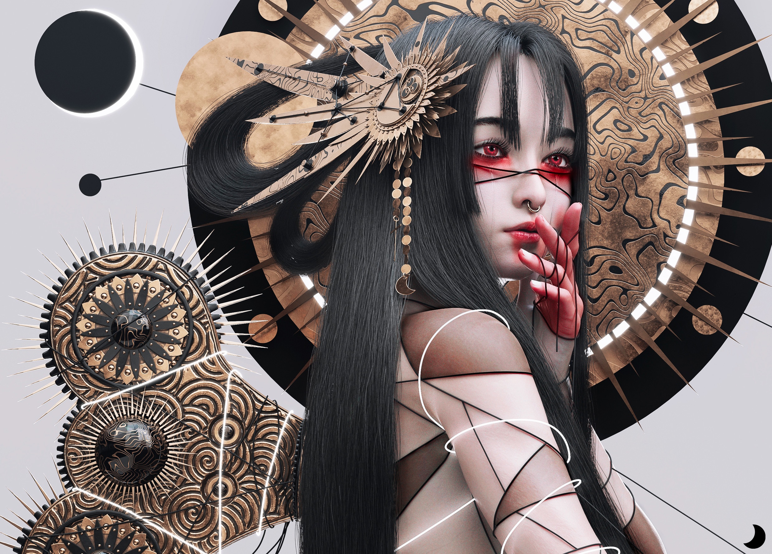 Fantasy girl with dark hair and red eyes HD Wallpaper