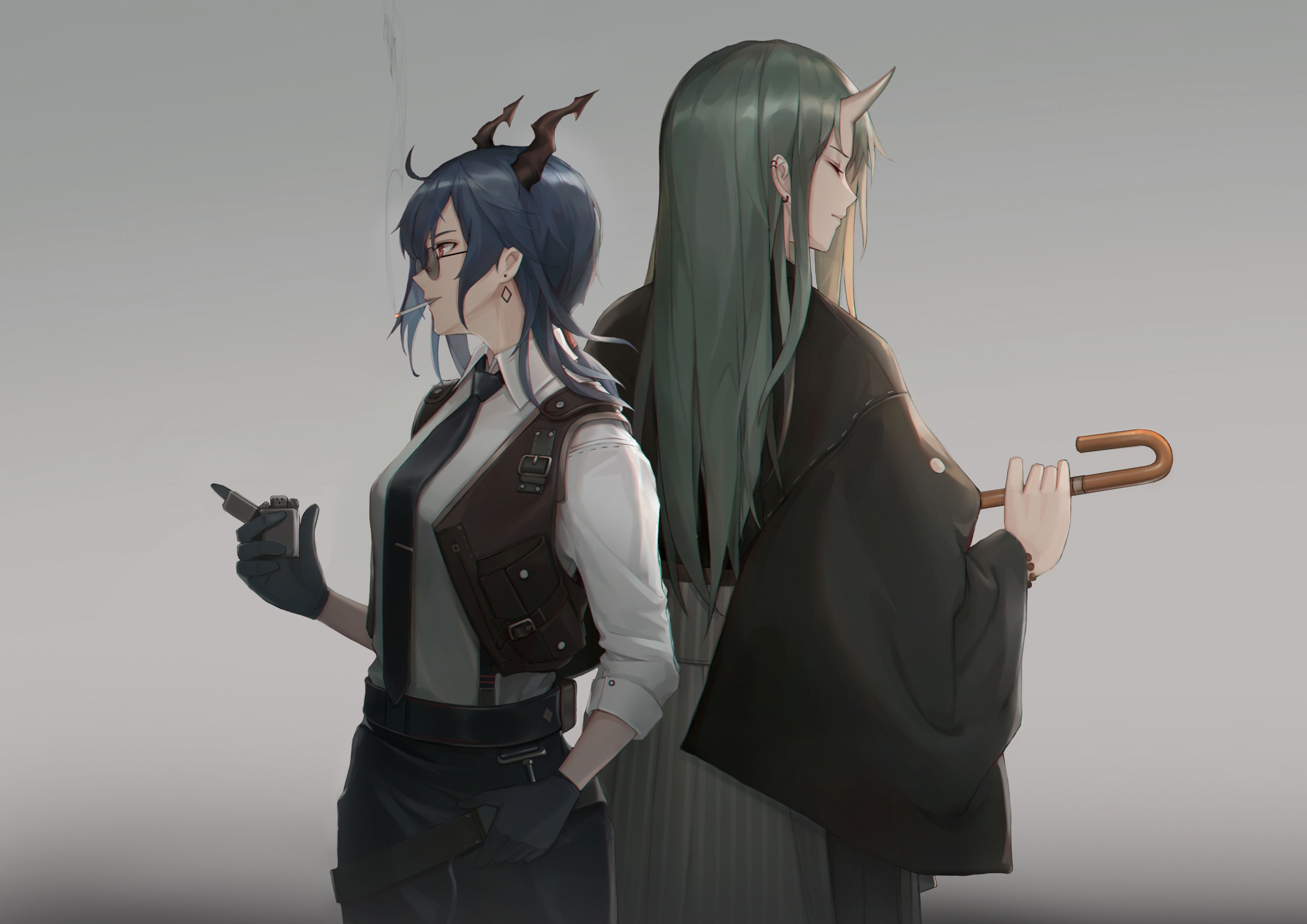 Chen and Hoshiguma with horns and smoking HD Wallpaper