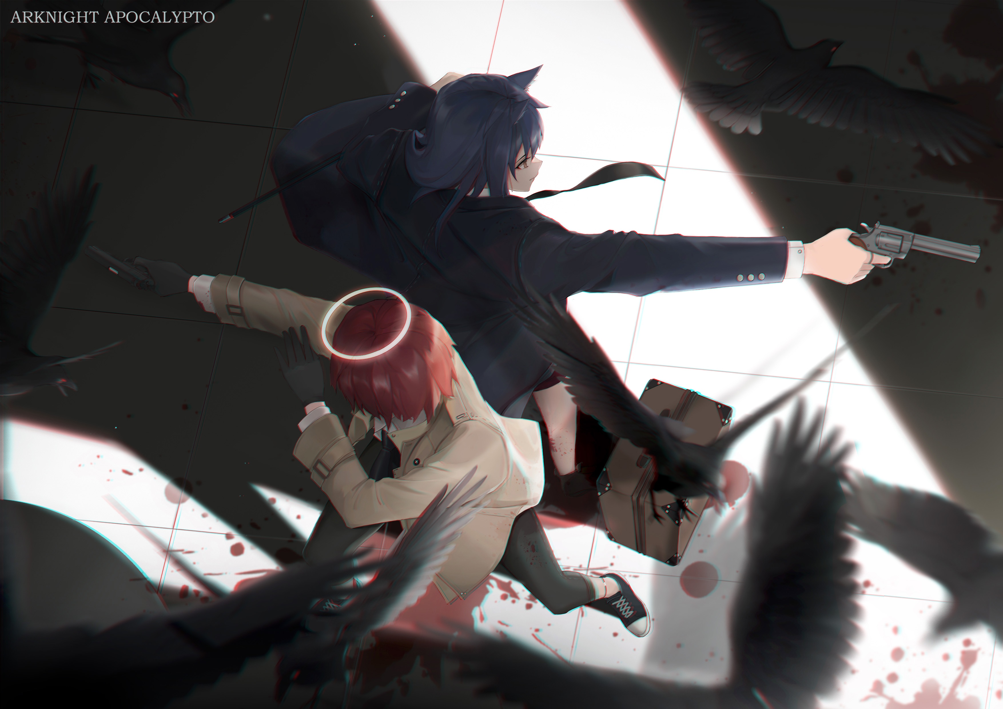 Arknights: Exusiai and Texas with birds and blood HD Wallpaper