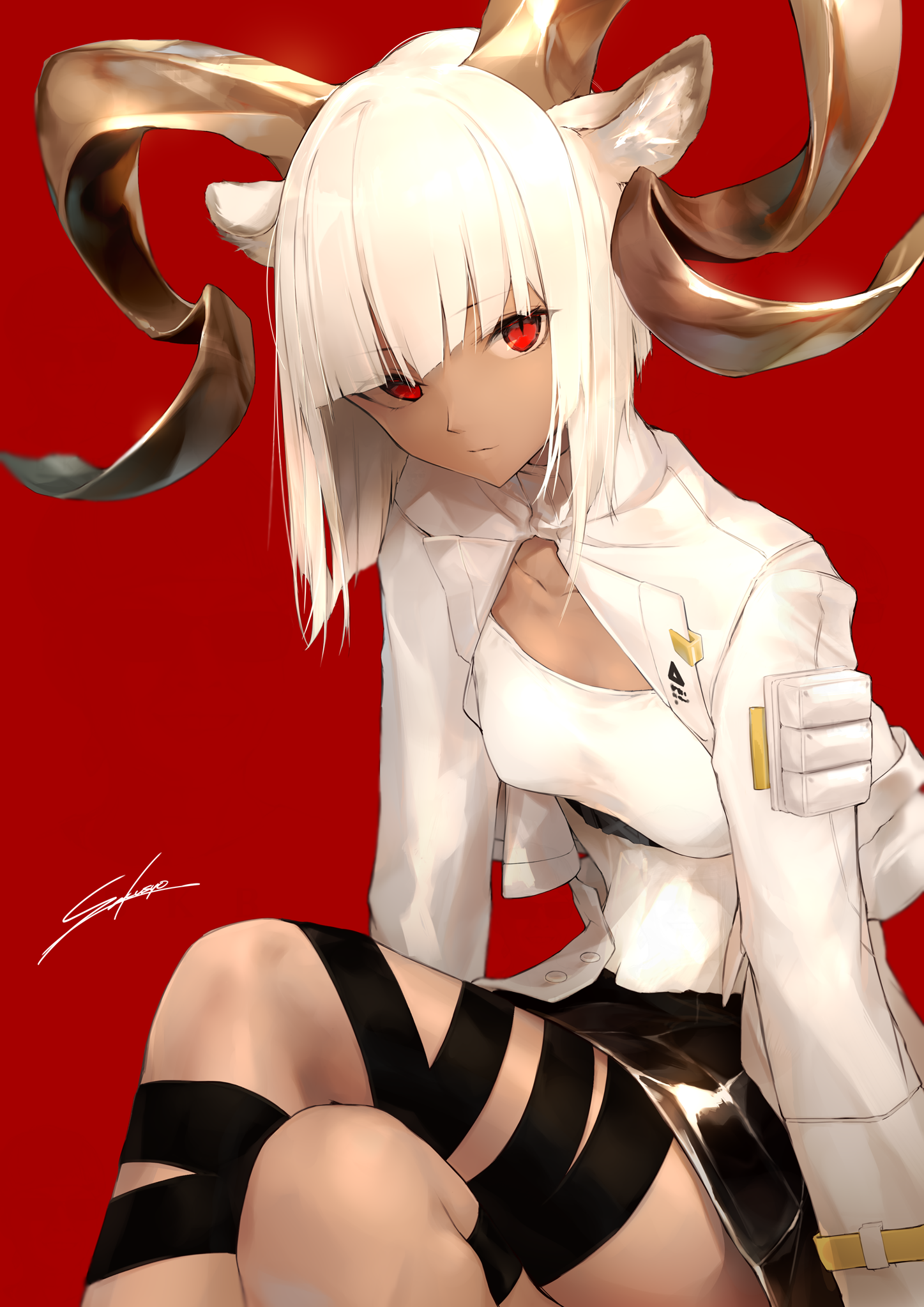 Anime girl with white hair, red eyes, and horns HD Phone Wallpaper