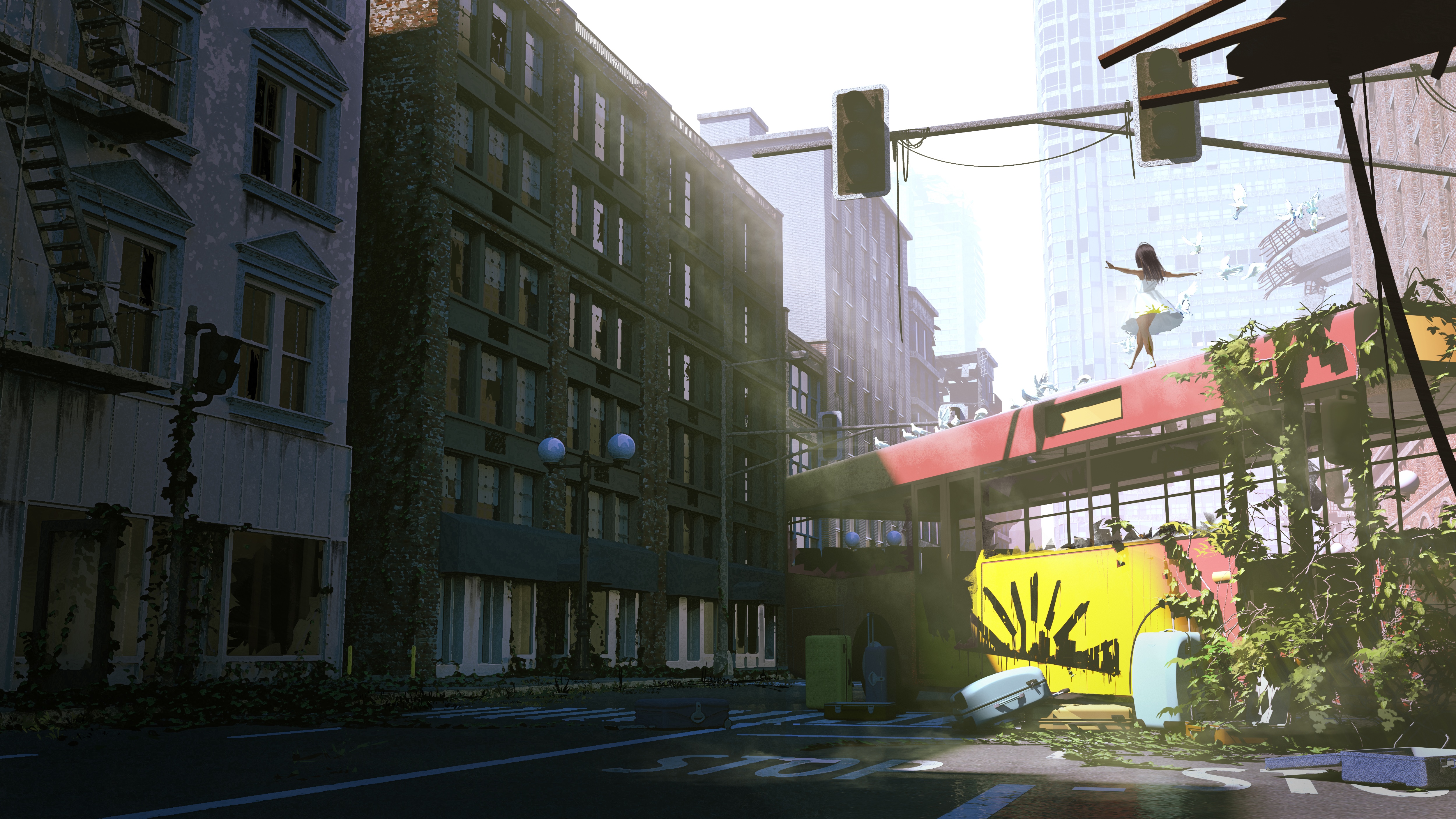 4K ruins of a city with a bus and a dancer HD Wallpaper
