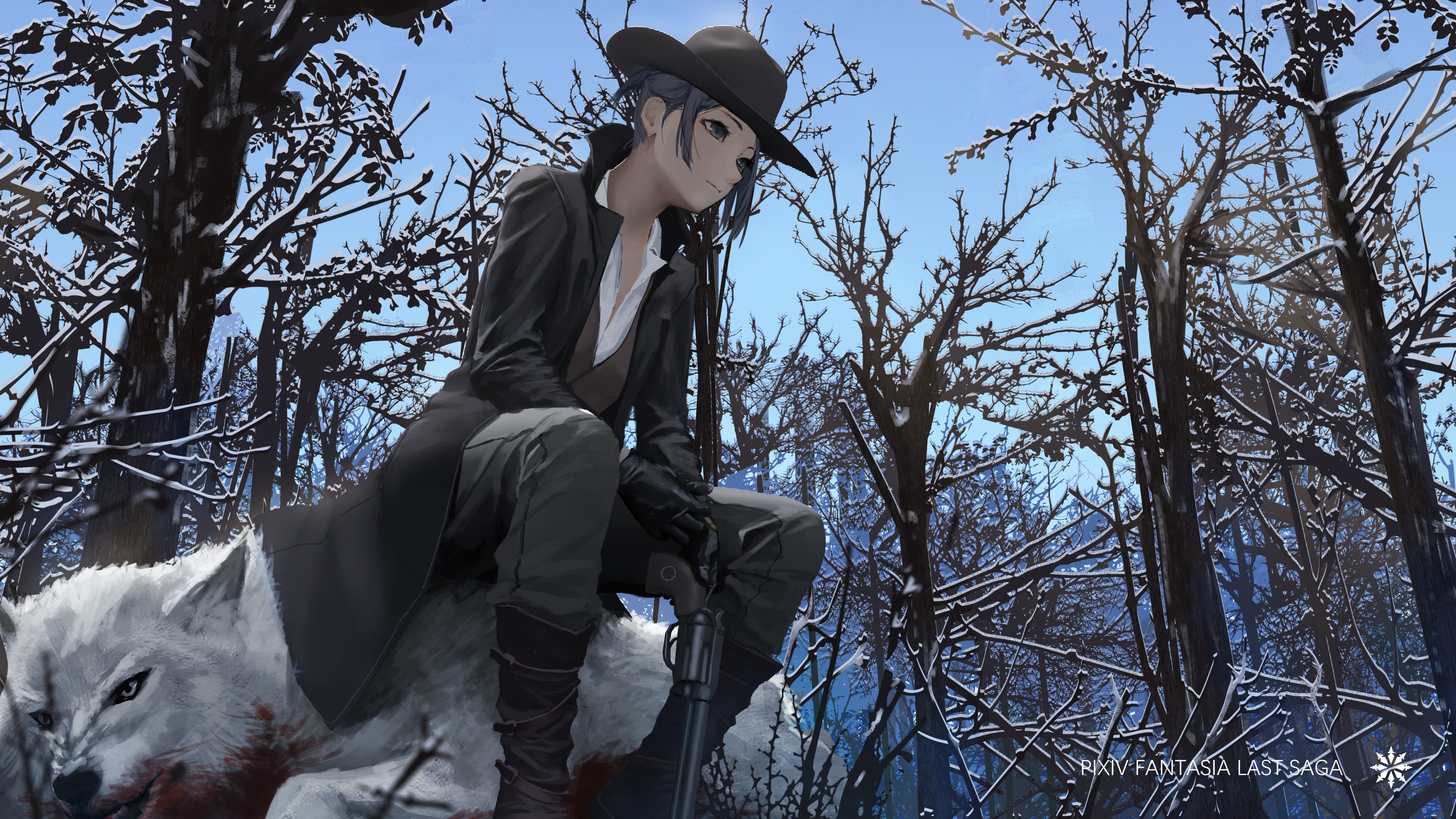 4K girl with gun and wolf in snowy forest HD Wallpaper