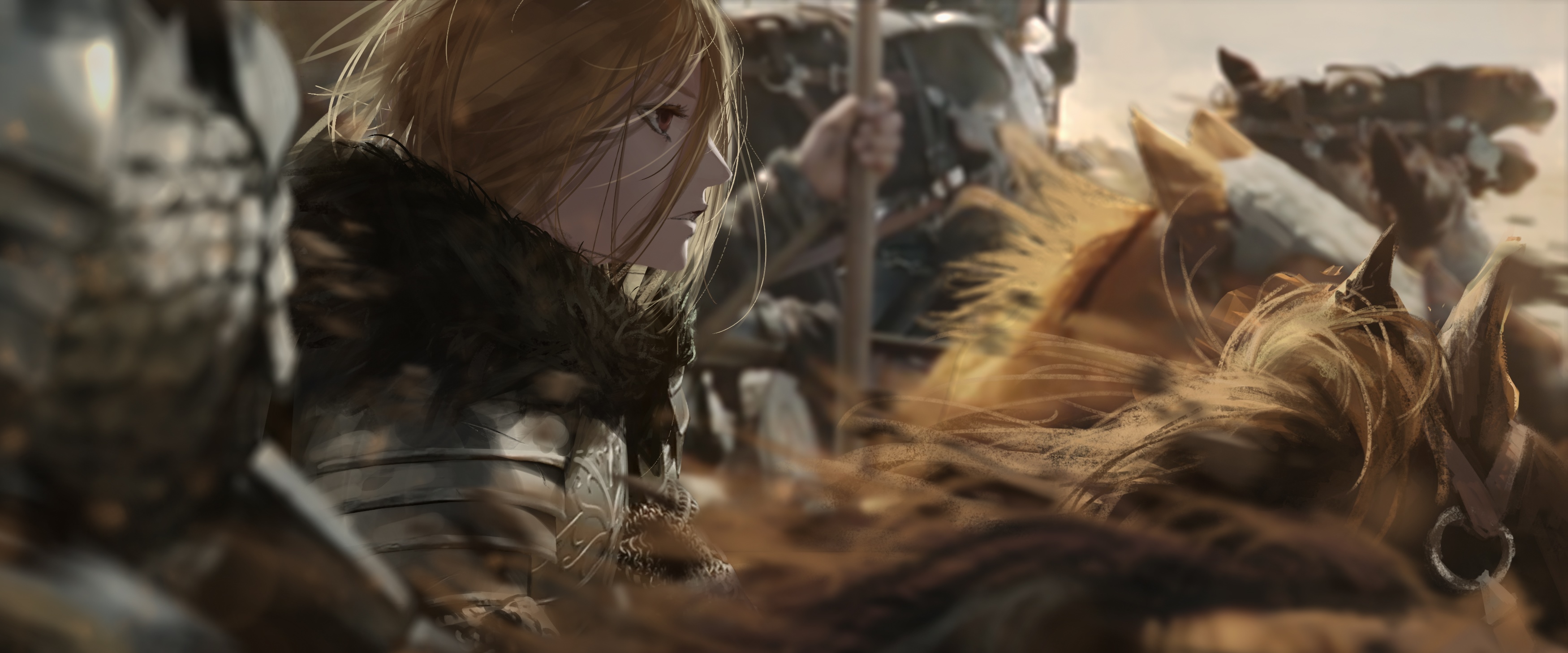 A woman in armor on horseback HD Wallpaper