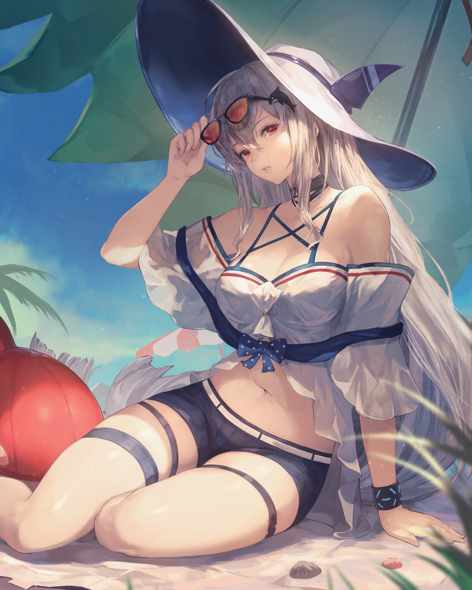 Skadi in swimwear with hat and sunglasses on the beach HD Phone Wallpaper