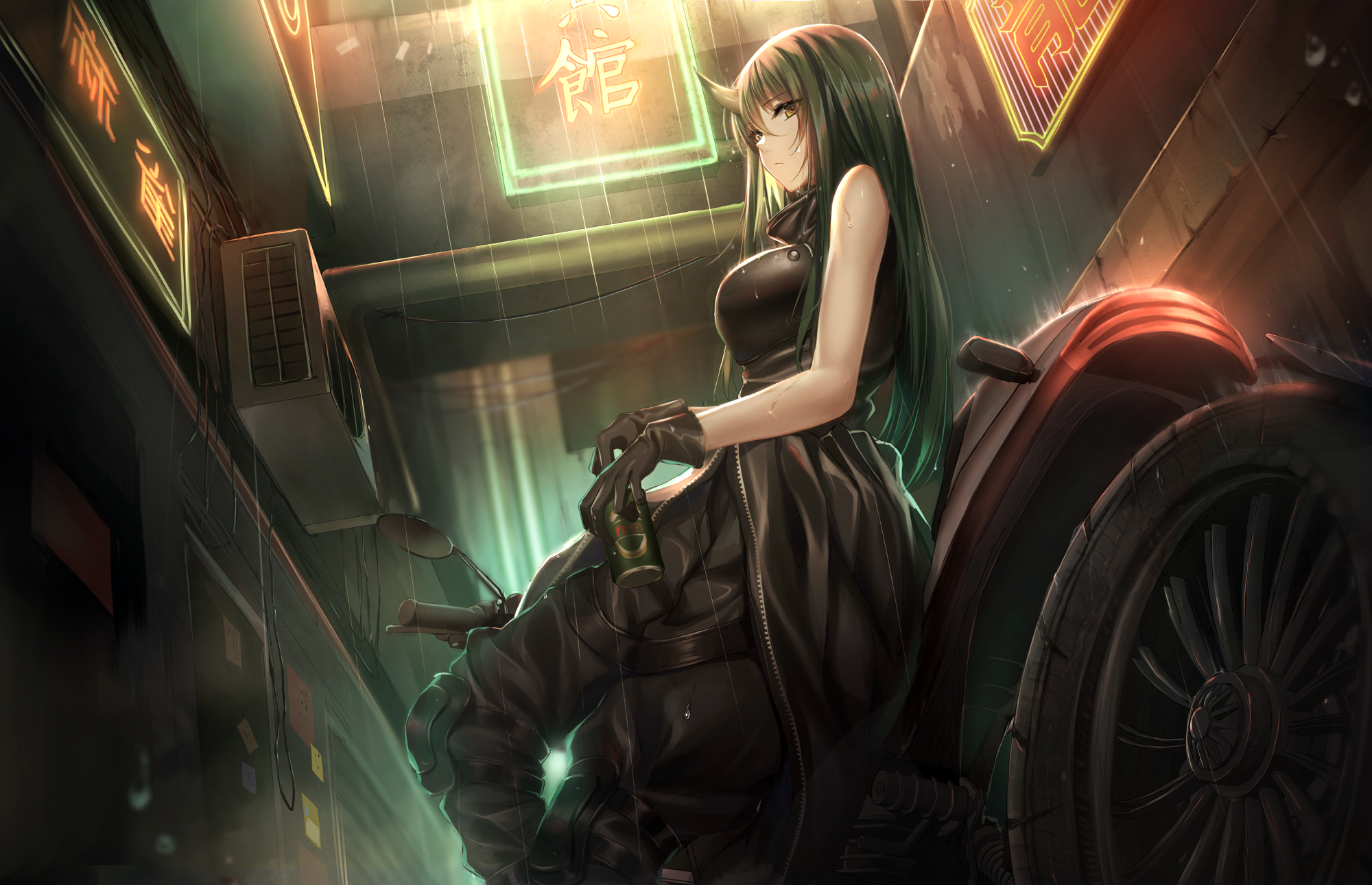 Hoshiguma from Arknights on a motorcycle in the rain HD Wallpaper