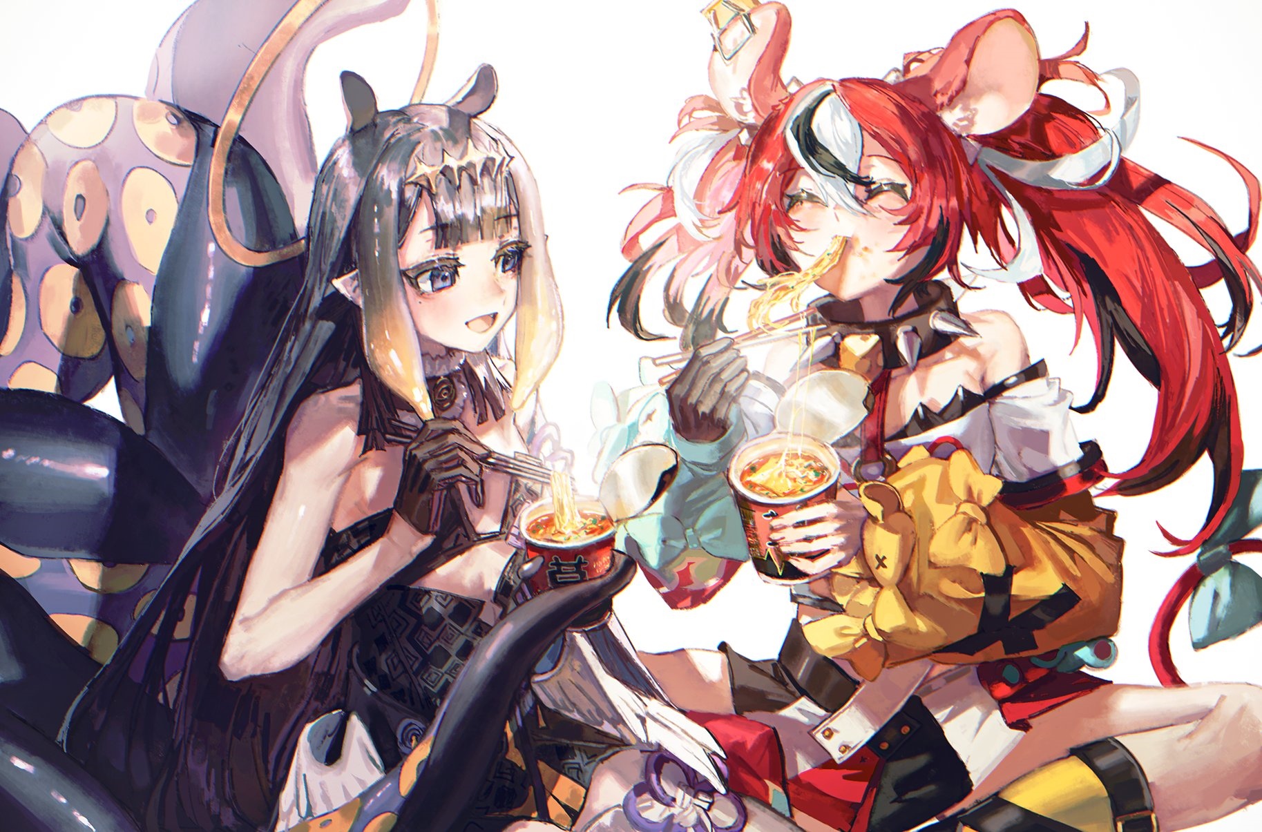 Ninomae Inanis and Hakos Baelz eating ramen HD Wallpaper
