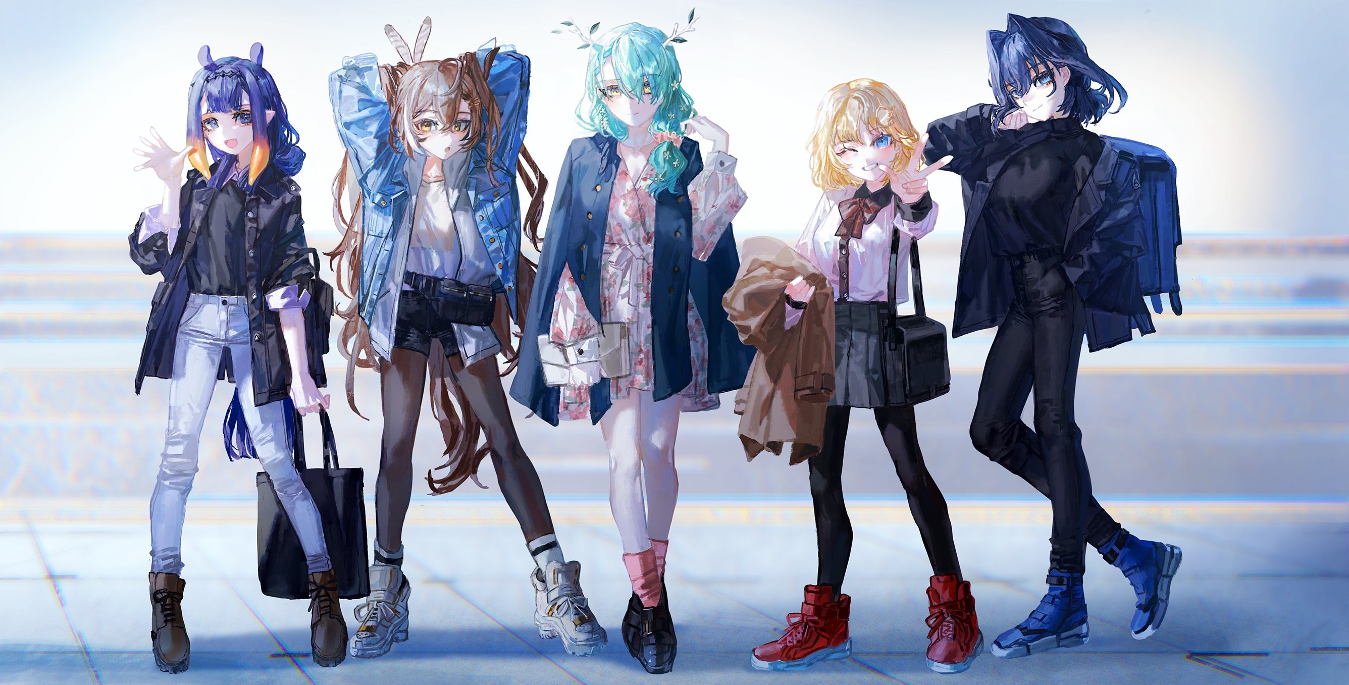 Hololive English members Nanashi Mumei, Ouro Kronii, Ceres Fauna, Watson Amelia, and Ninomae Inanis HD Wallpaper