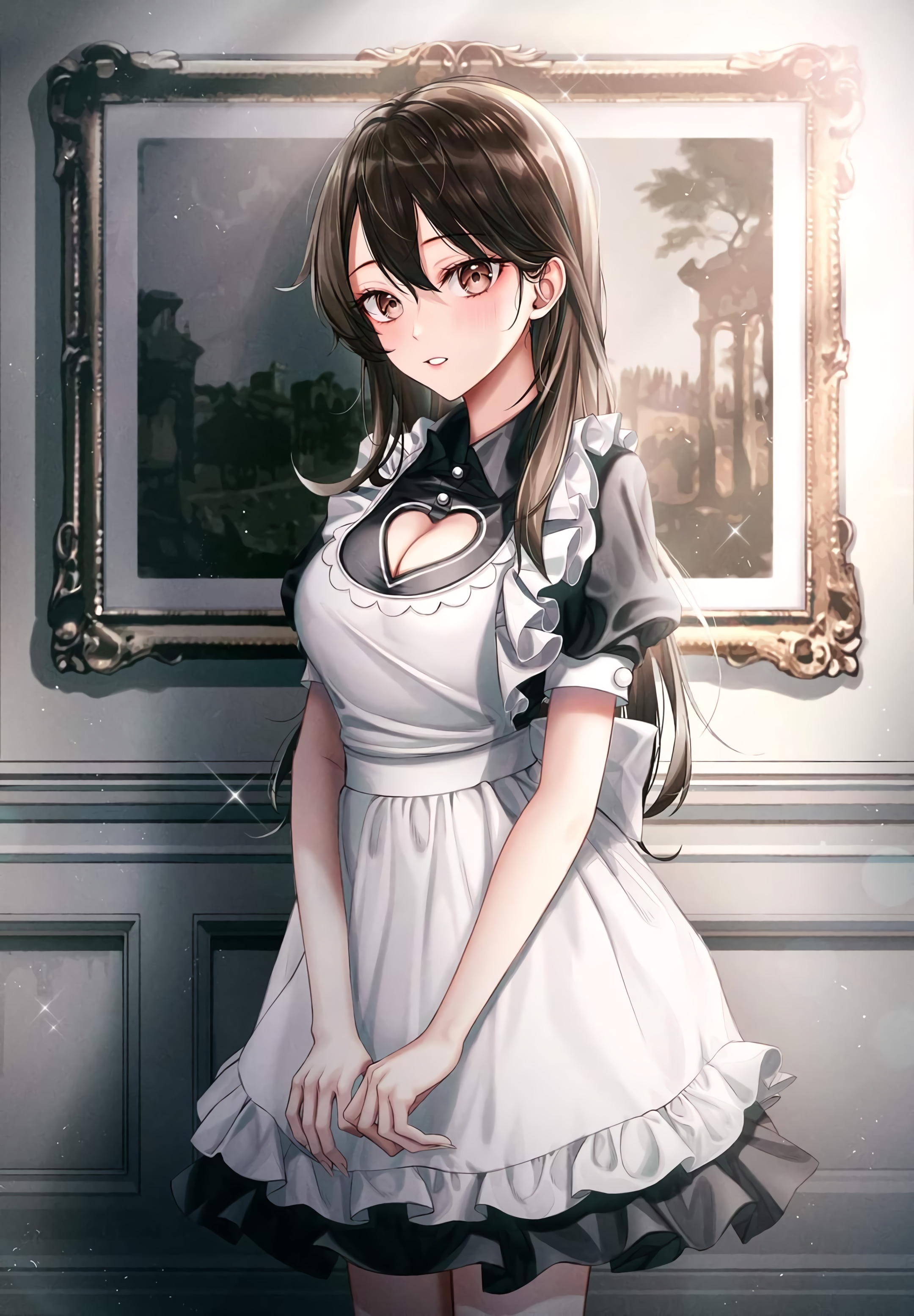 Anime girl in a maid outfit with brown eyes HD Phone Wallpaper