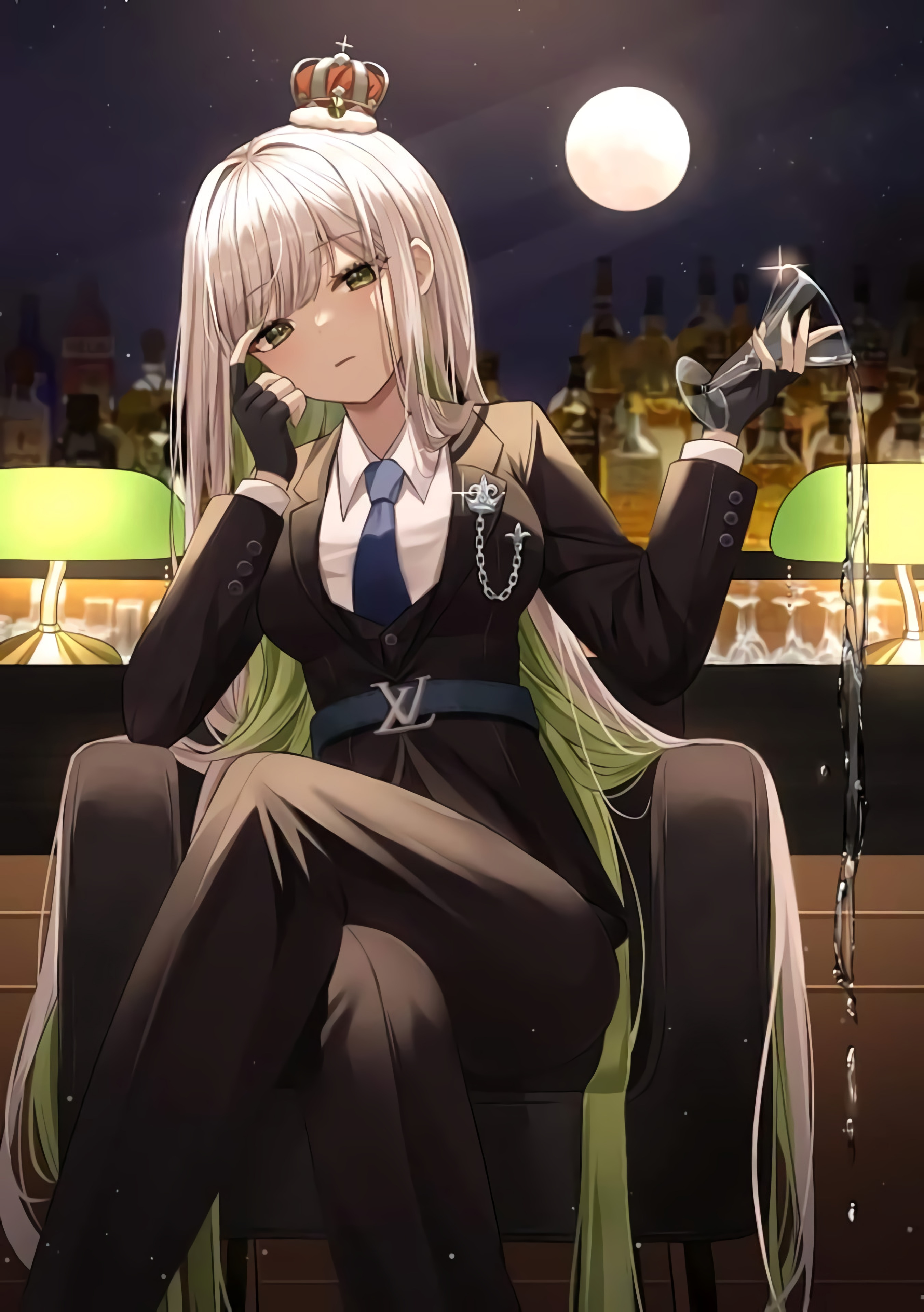 Anime girl with crown and suit holding a drink HD Phone Wallpaper