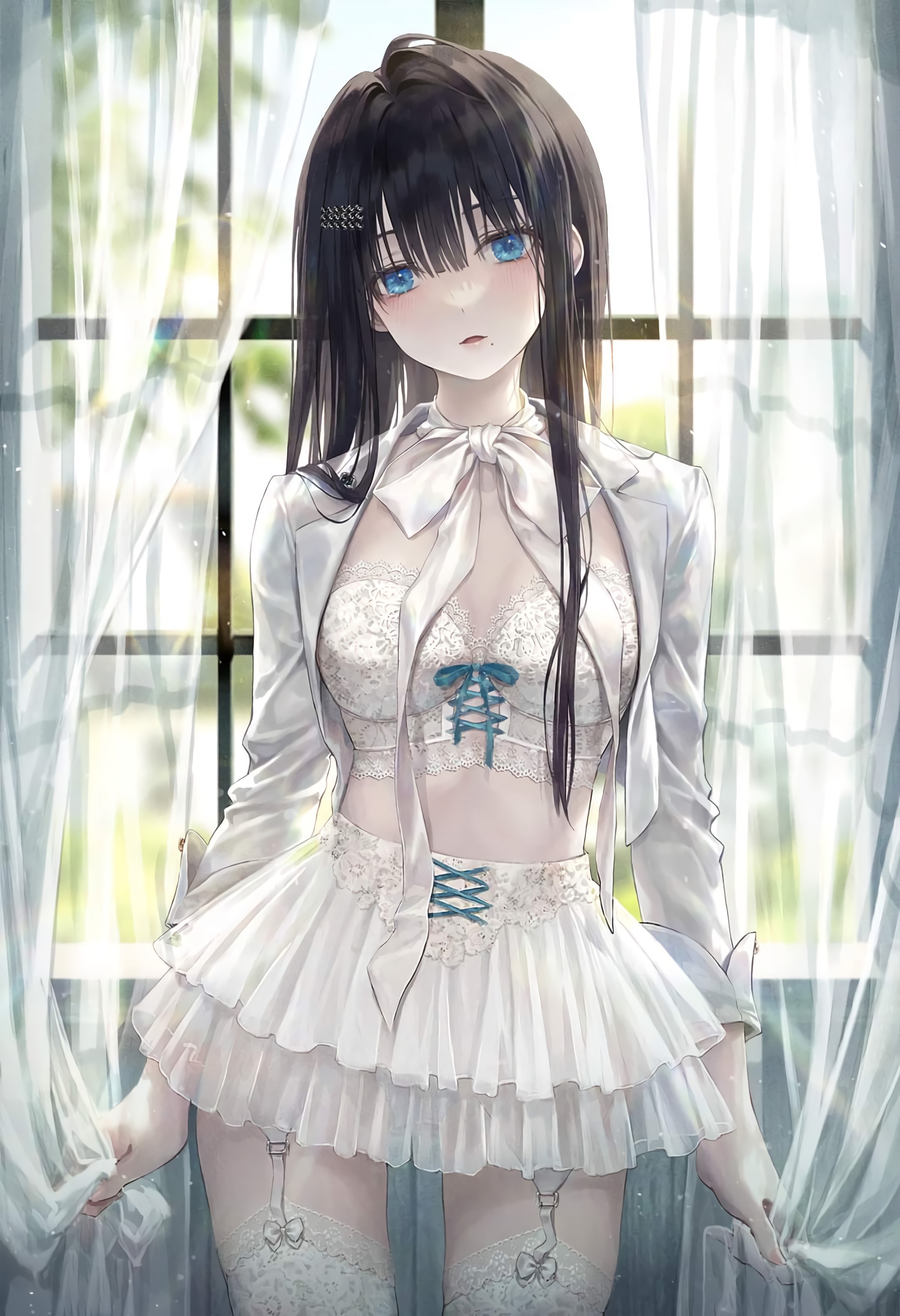 Anime girl with blue eyes in white lingerie HD Phone Wallpaper