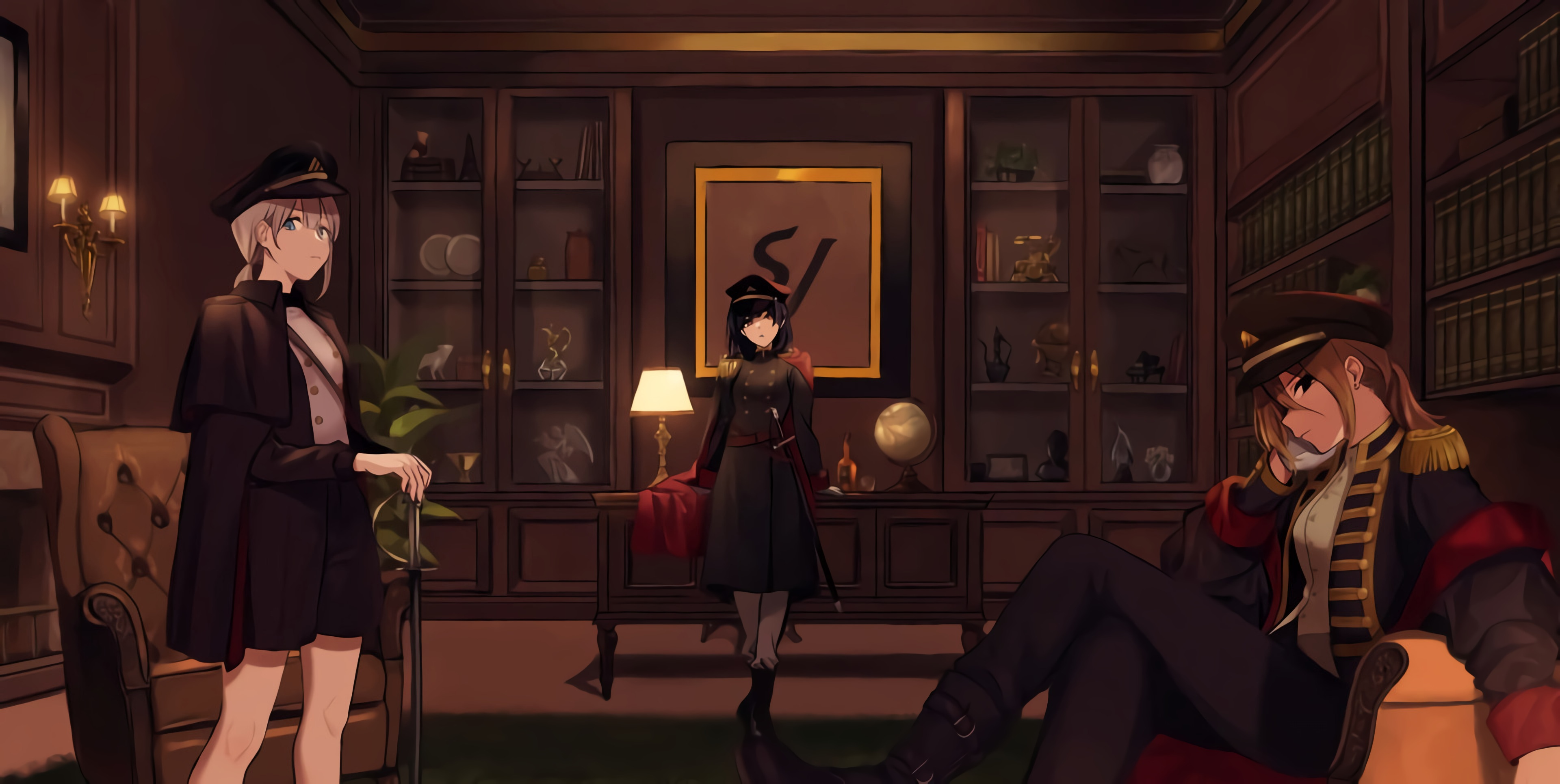 Three people in uniforms in an office HD Wallpaper