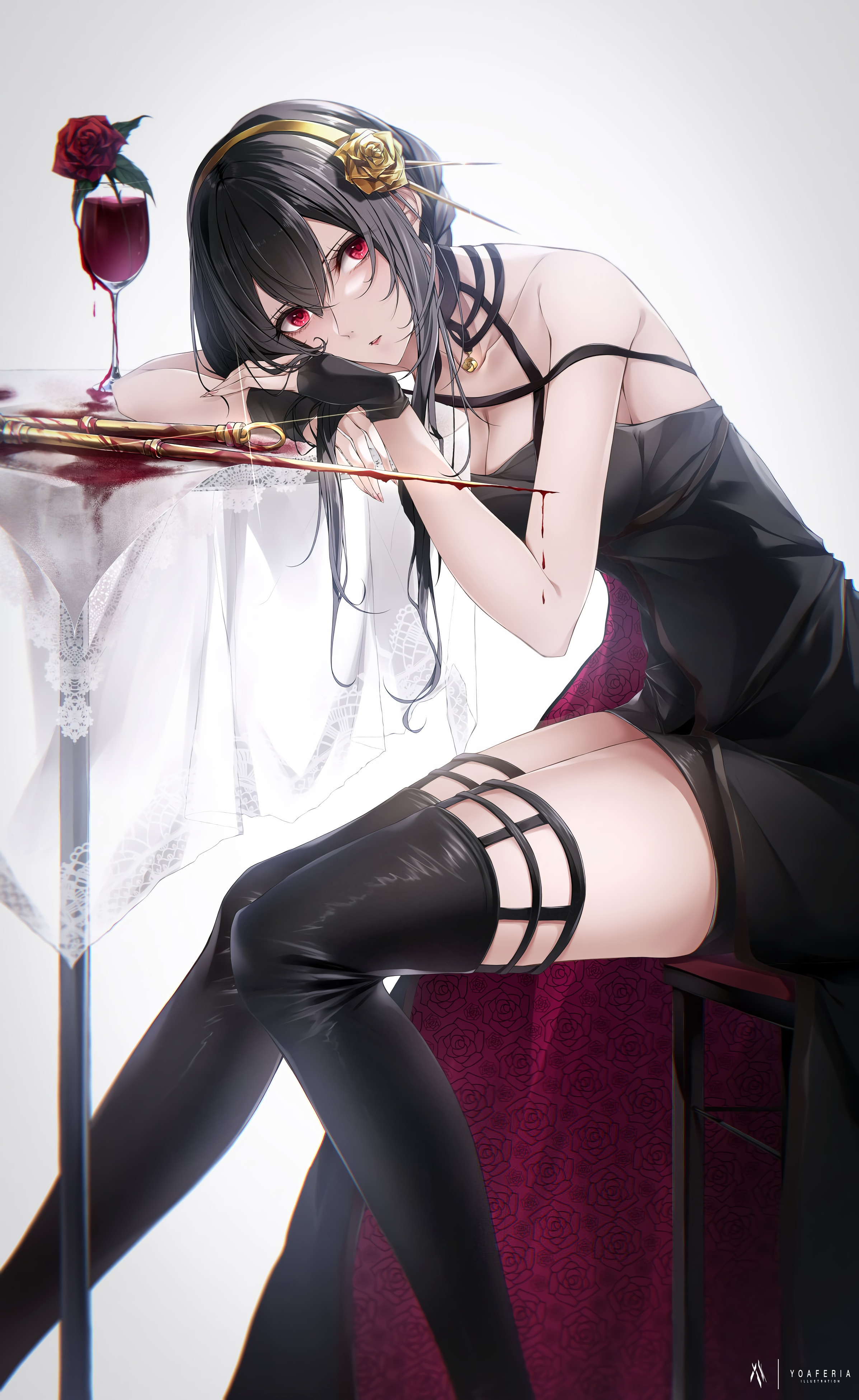 Yor Forger from Spy x Family with wine and rose HD Phone Wallpaper