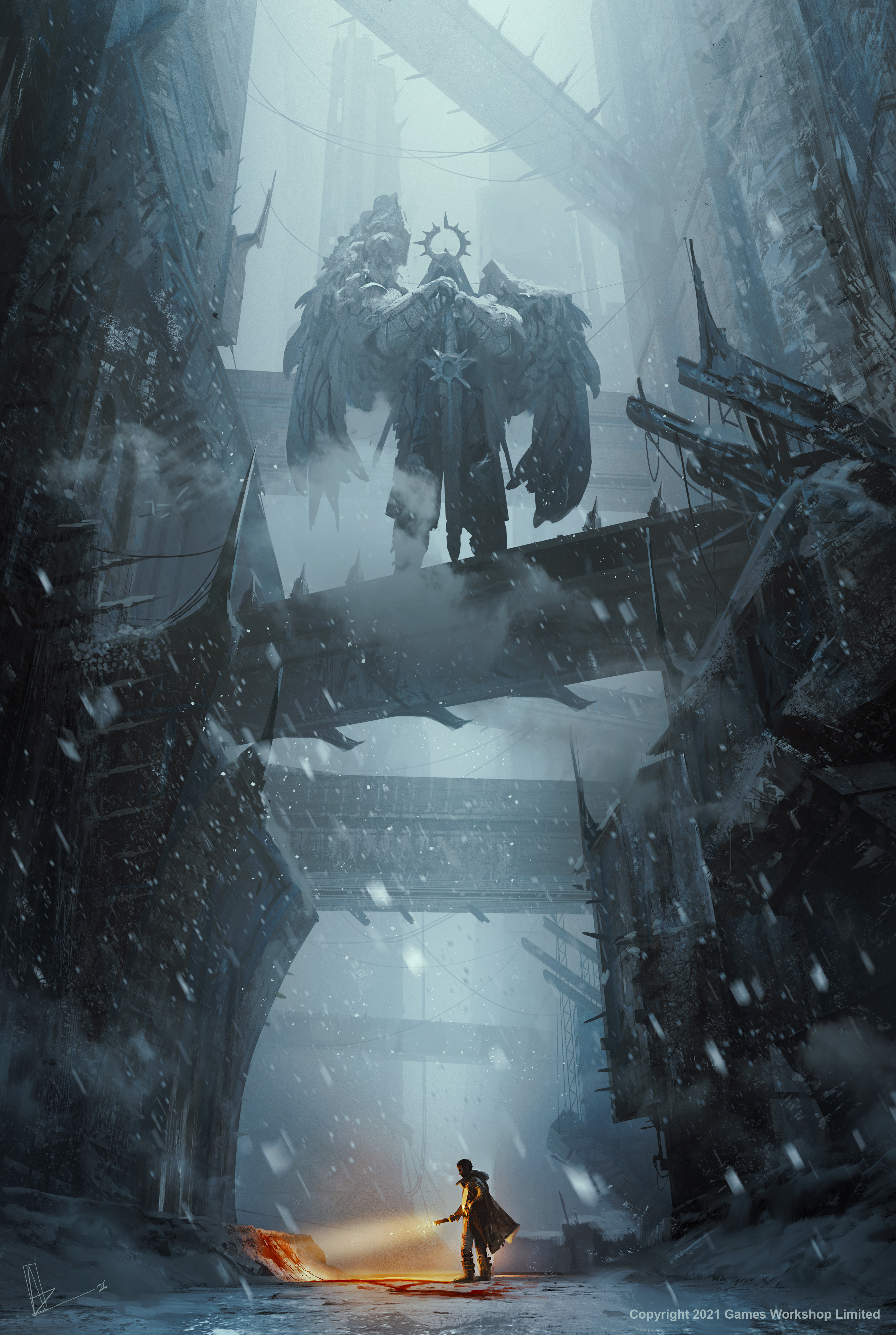 Warhammer 40,000 Angelic Figure and Soldier in Snowy City HD Phone Wallpaper
