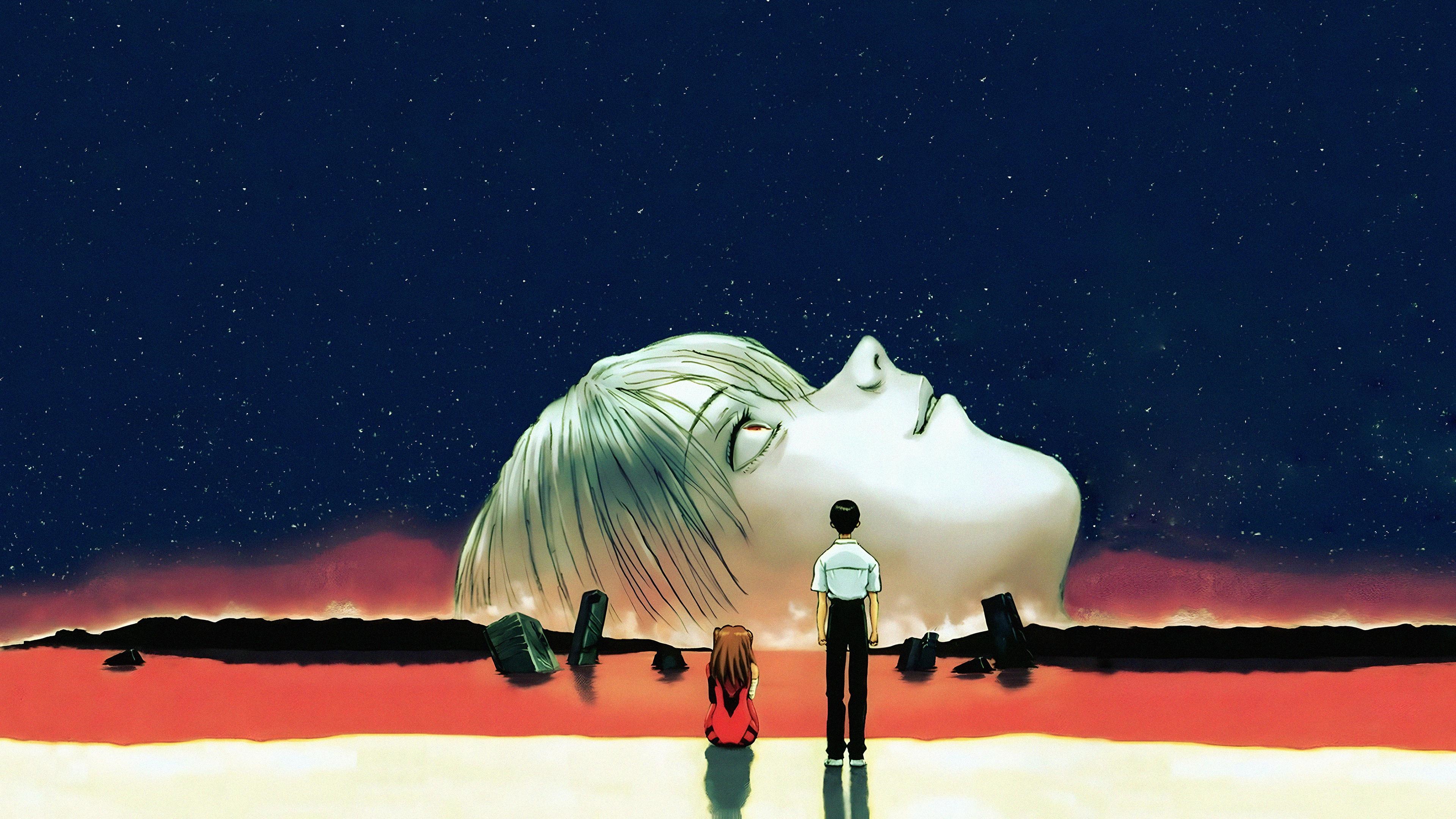 Neon Genesis Evangelion: Giant Head and Two Figures HD Wallpaper