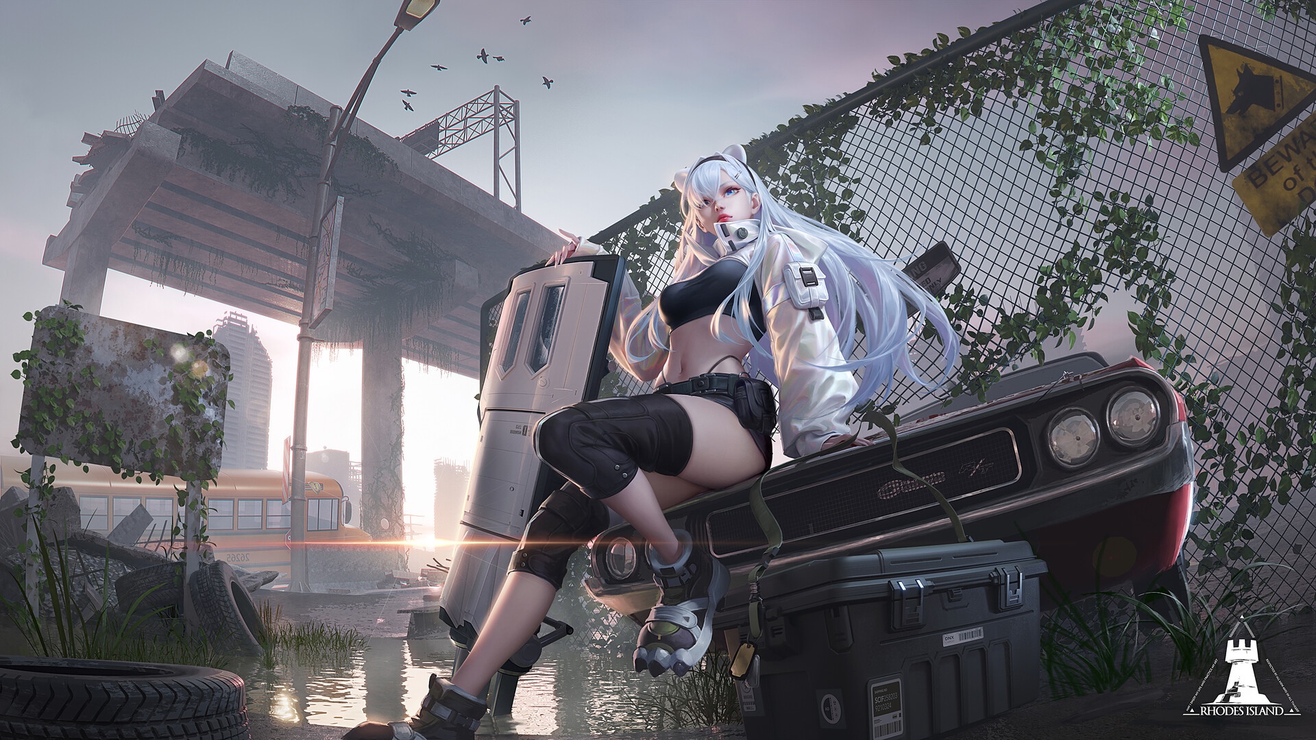 Woman with blue hair sitting on a car in a ruined city HD Wallpaper