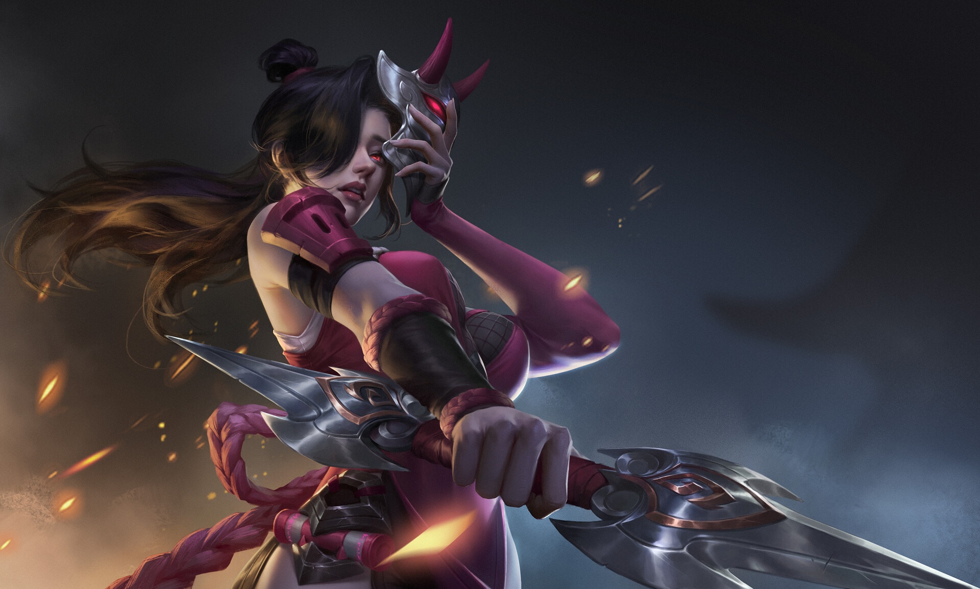 Woman in pink outfit holding a sword and mask HD Wallpaper