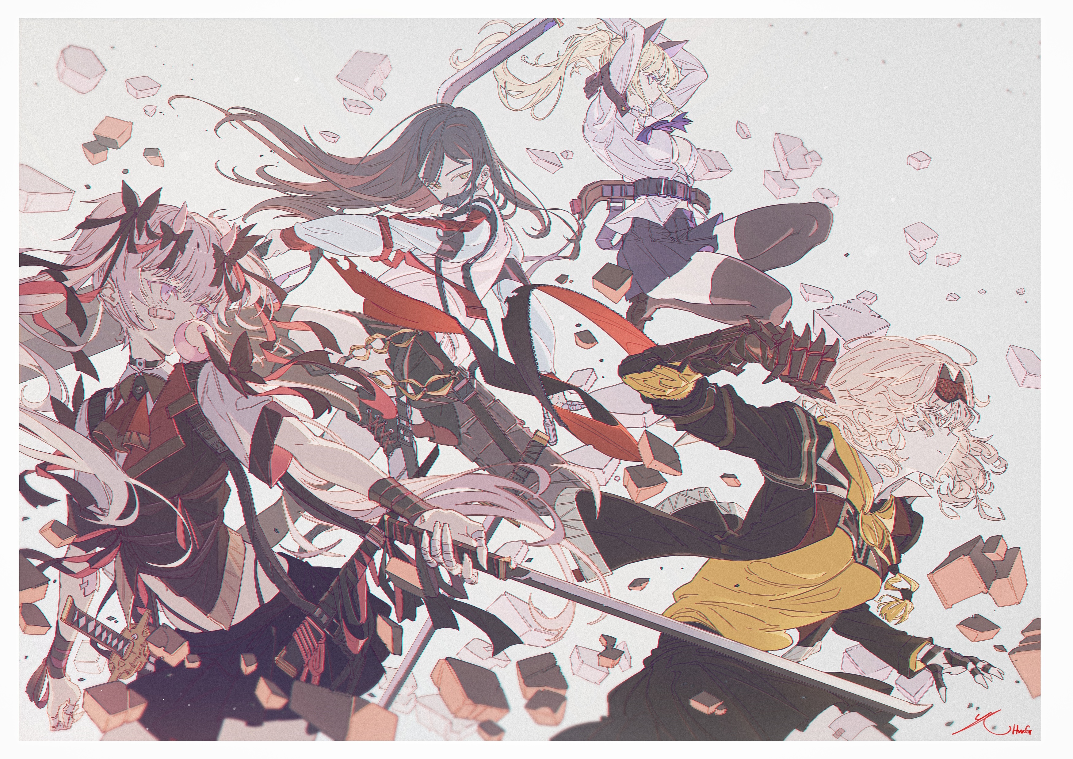 Four anime characters with swords fighting amidst rocks HD Wallpaper