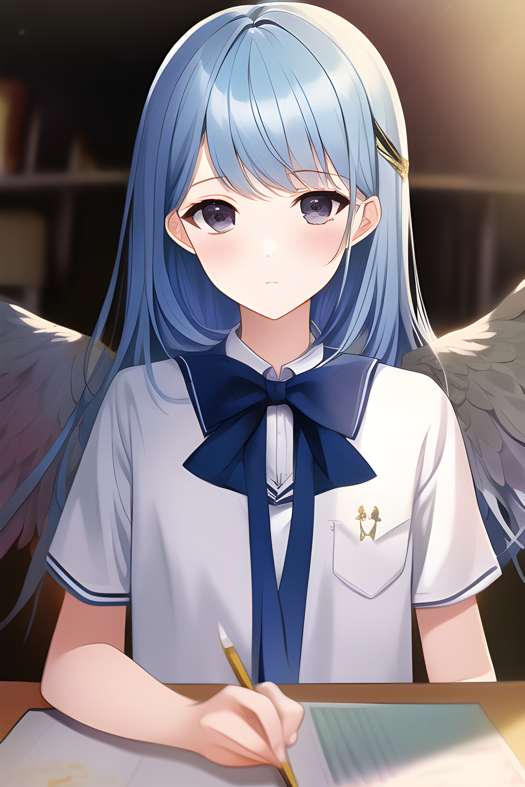 Anime girl with blue hair and angel wings in a classroom HD Phone Wallpaper