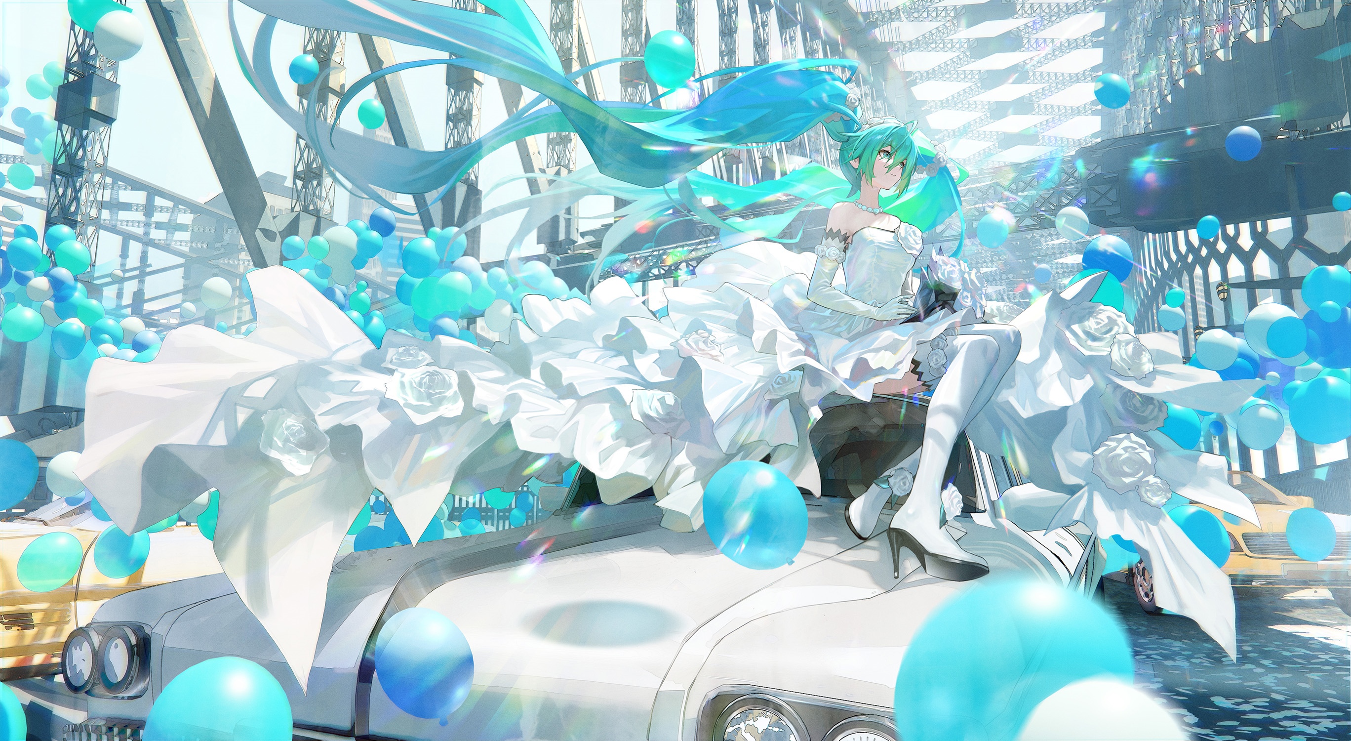 Hatsune Miku in a white dress with balloons and a car HD Wallpaper