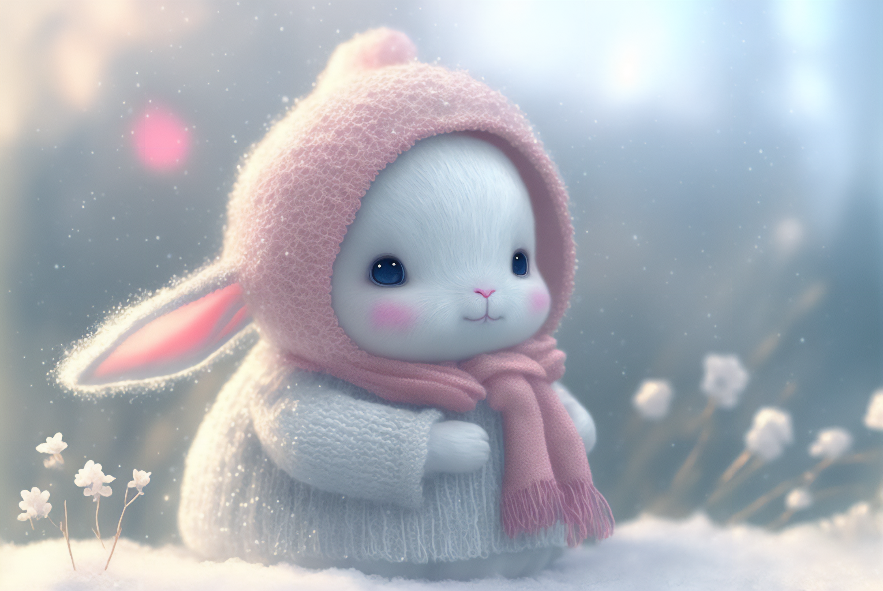 Cute white bunny in winter clothes HD Wallpaper
