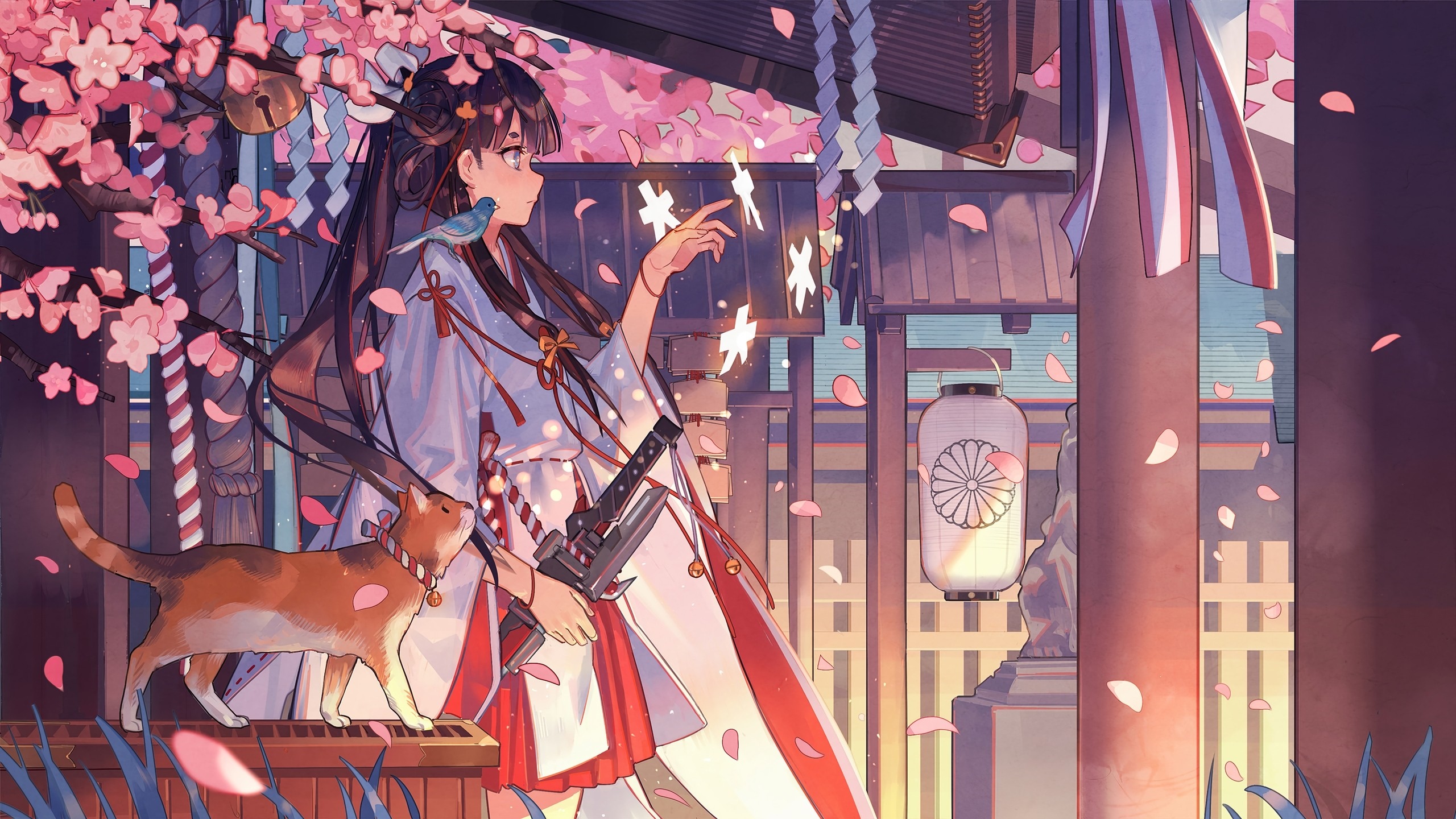 Miko with cat and bird under cherry blossoms HD Wallpaper