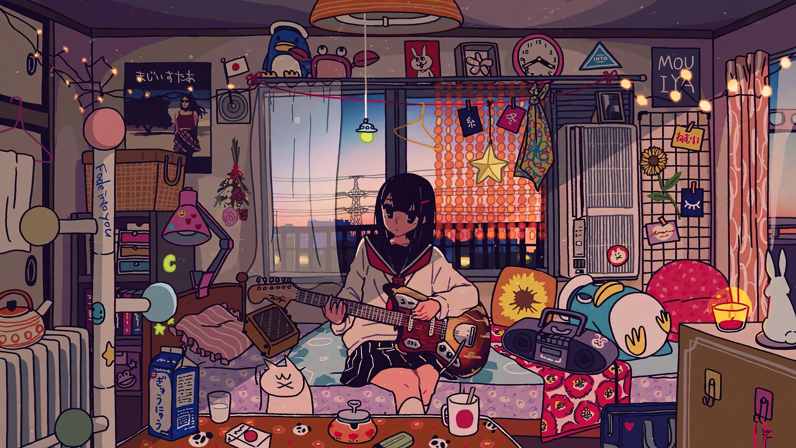 Anime girl playing guitar in a room at sunset HD Wallpaper