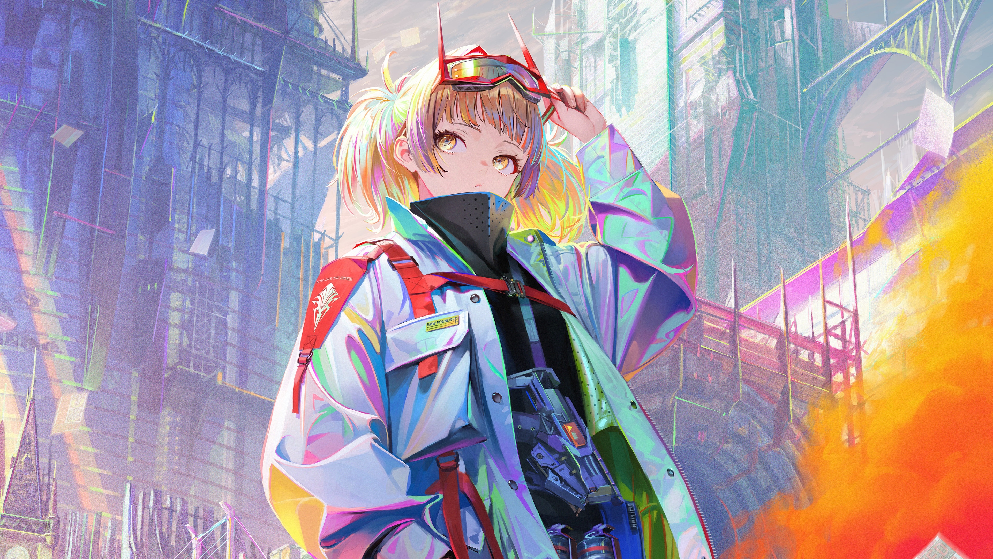 4K anime girl with multi-colored hair and yellow eyes HD Wallpaper