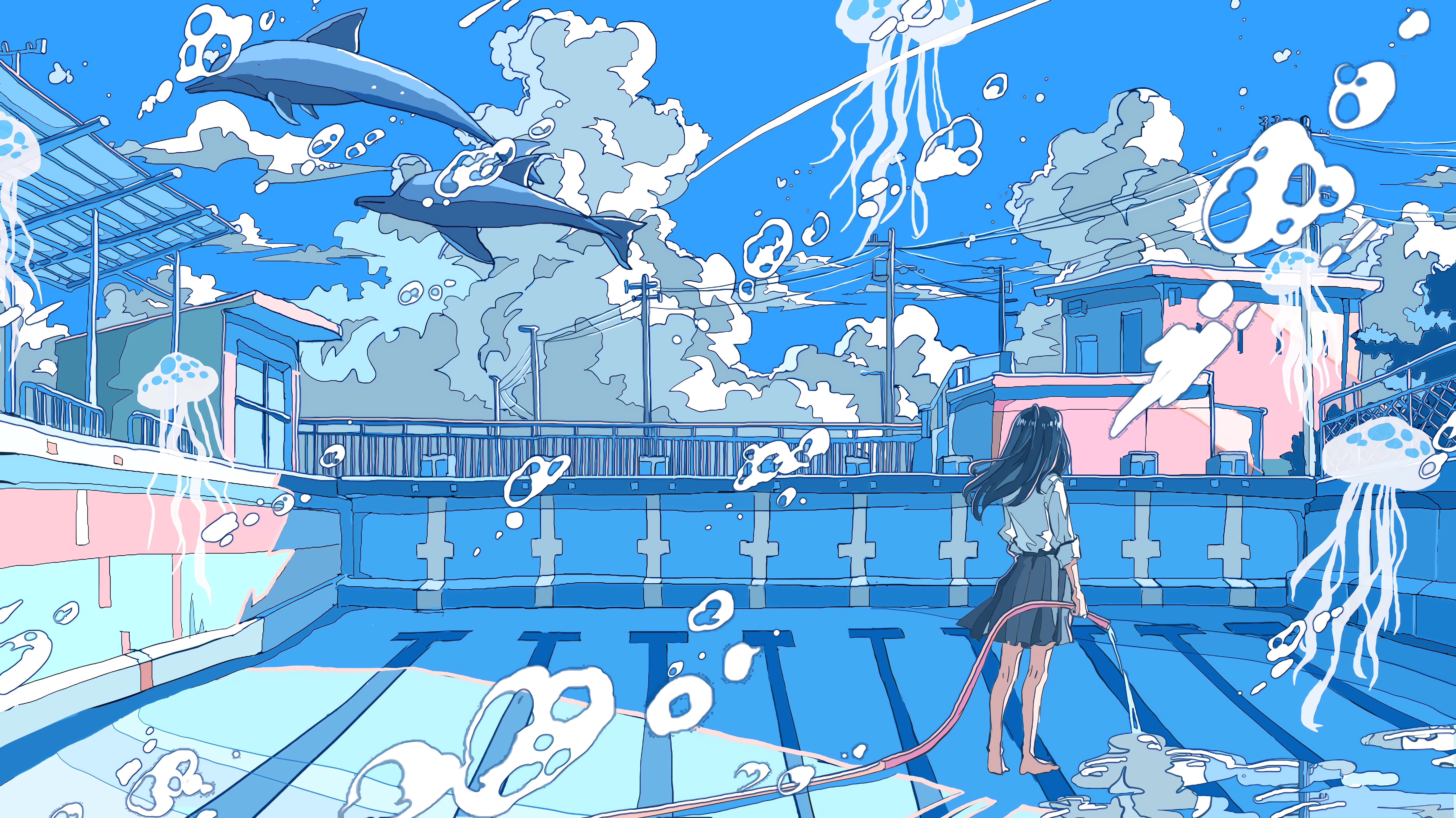 Schoolgirl with Dolphins and Jellyfish in a Swimming Pool HD Wallpaper