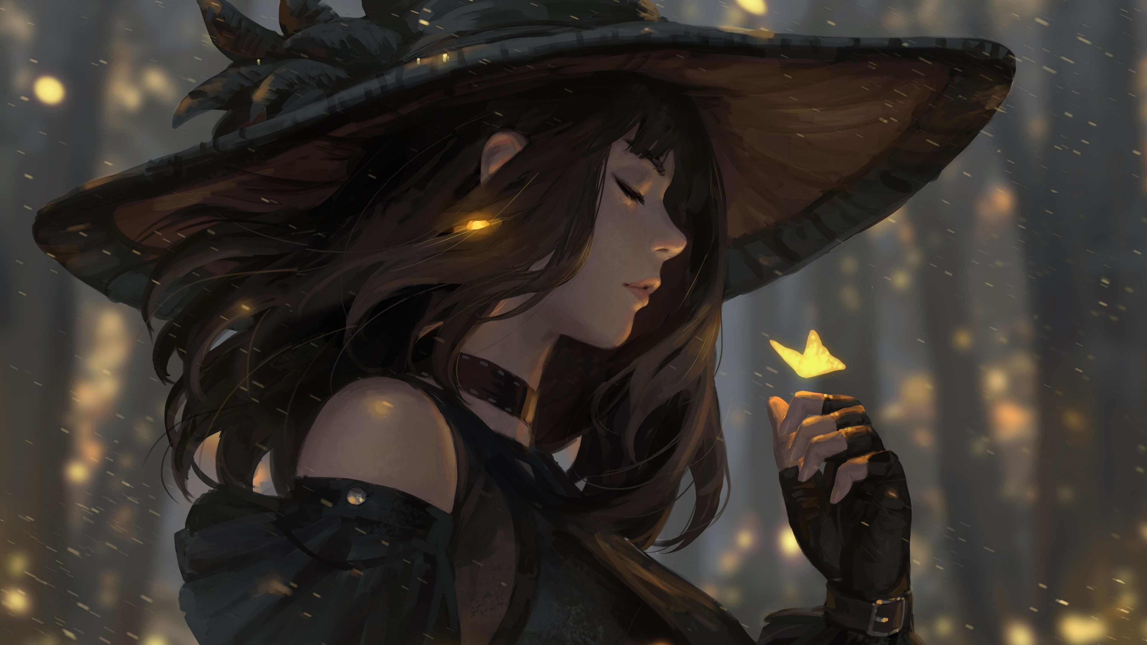 Witch with a butterfly and witch hat HD Wallpaper