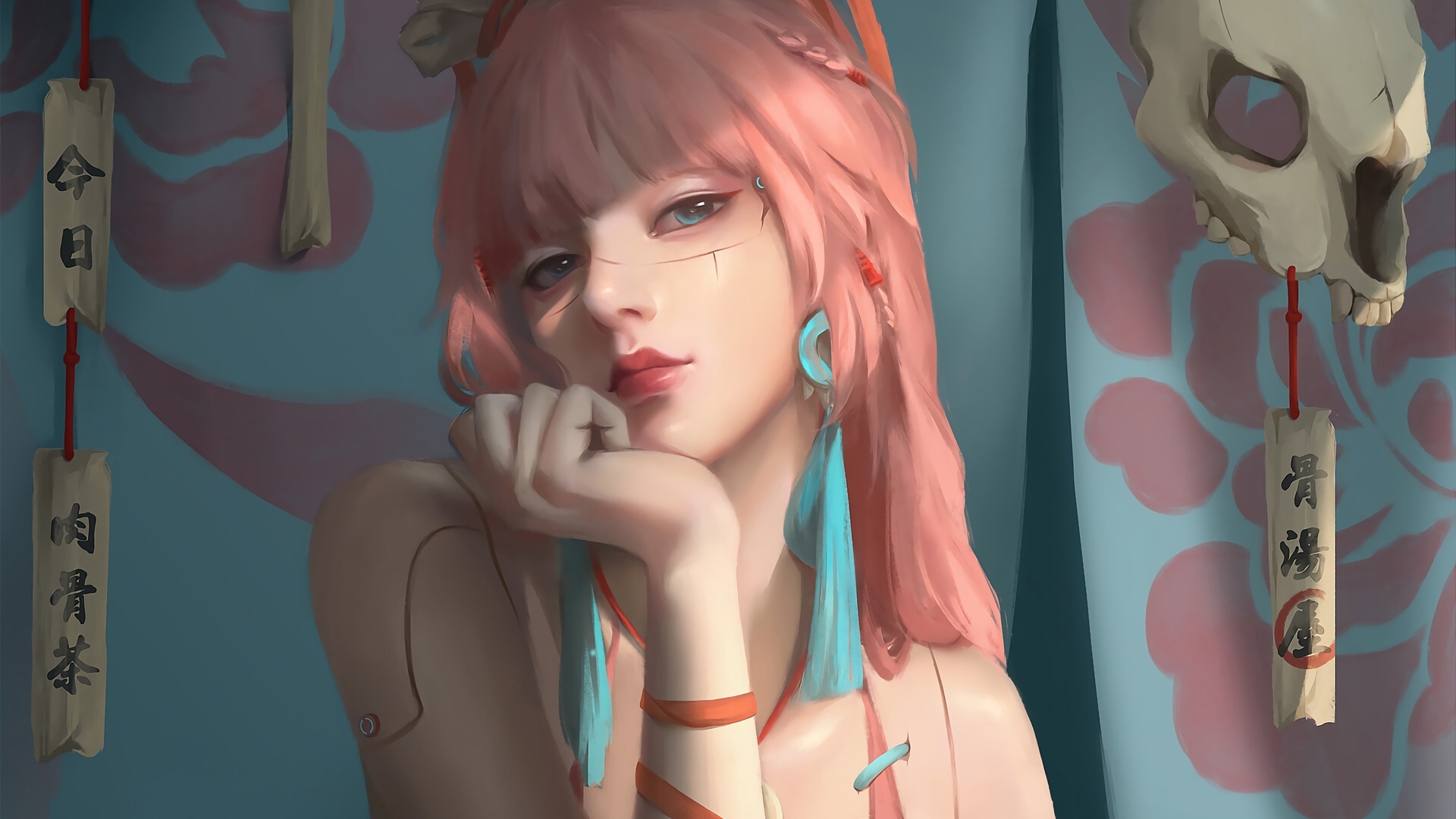 Anime girl with pink hair and skull decoration HD Wallpaper