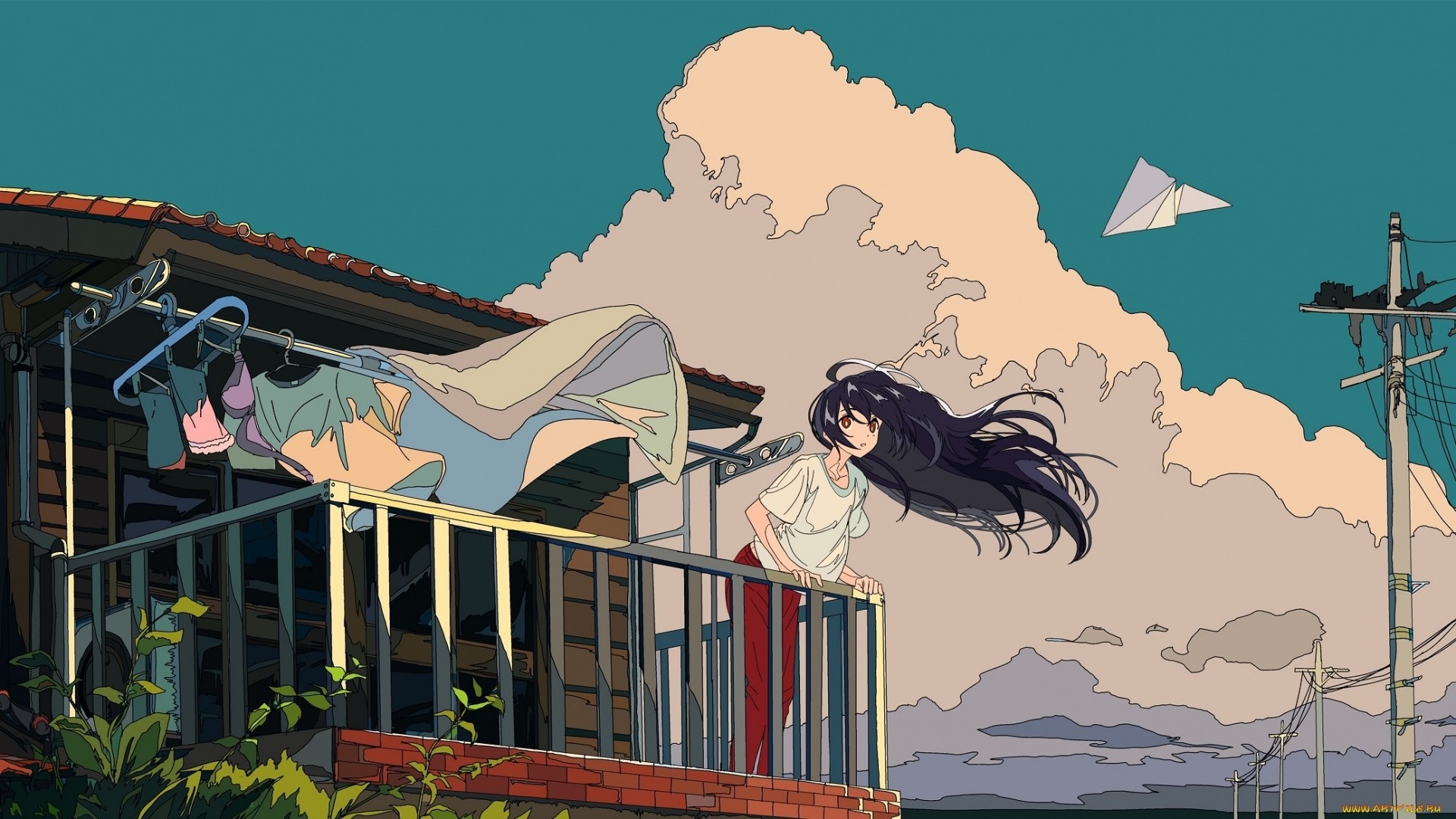 Girl on a balcony with laundry and paper plane HD Wallpaper