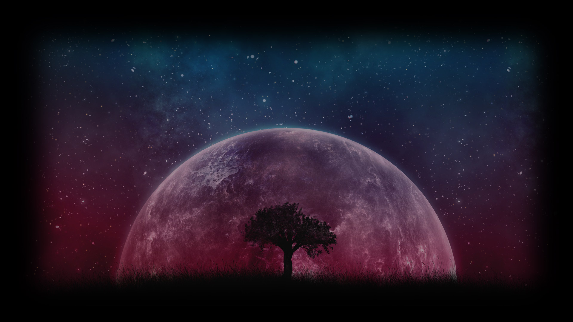 A lone tree silhouetted against a giant planet and starry sky HD Wallpaper