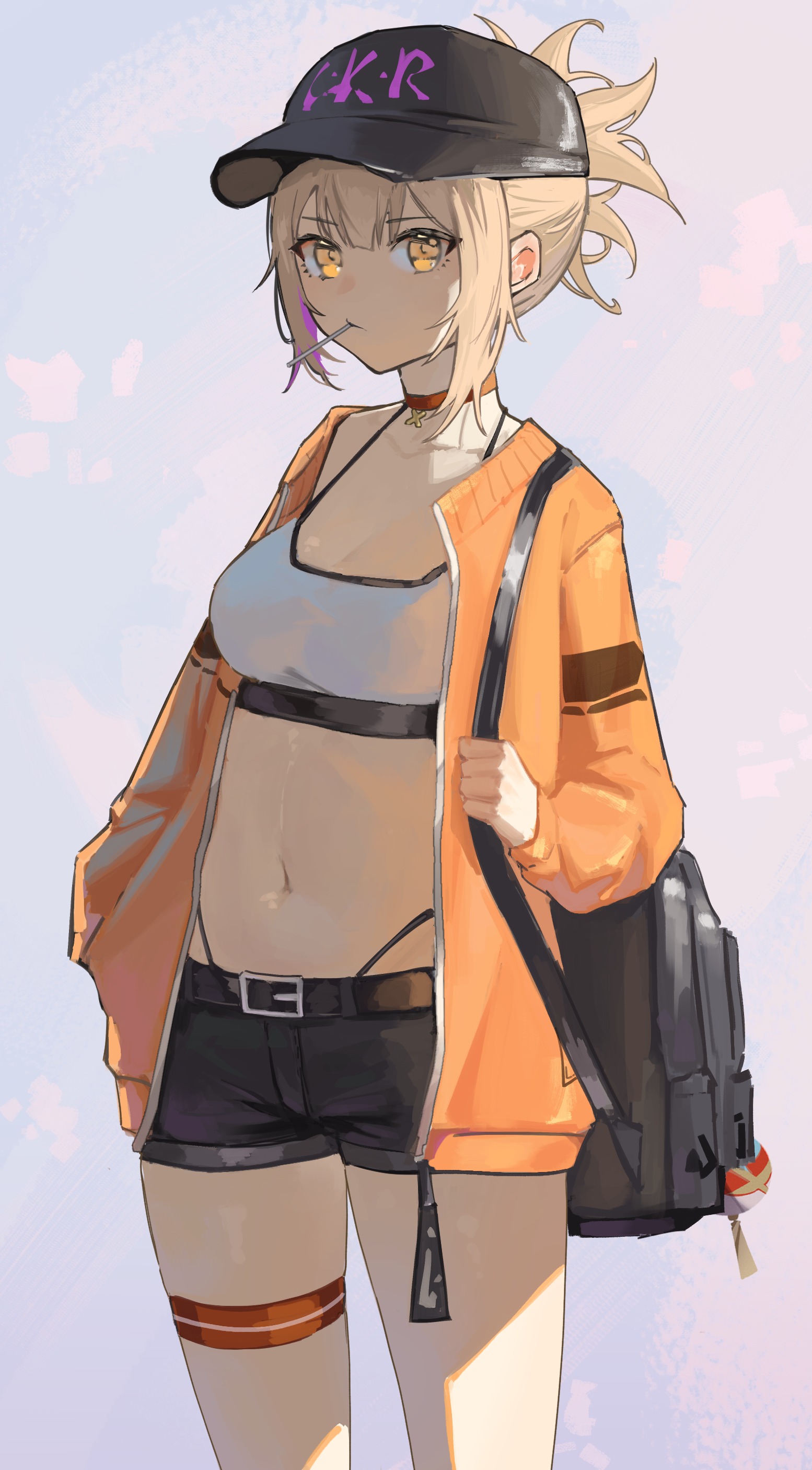 Anime girl with blonde hair wearing a cap and jacket HD Phone Wallpaper