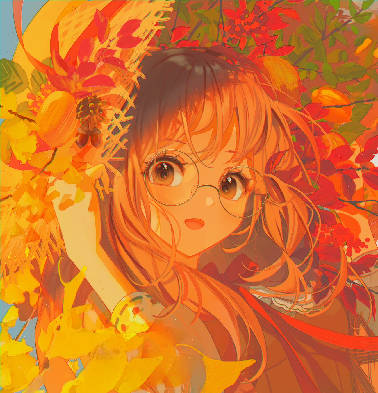 Anime girl with glasses and autumn leaves HD Wallpaper