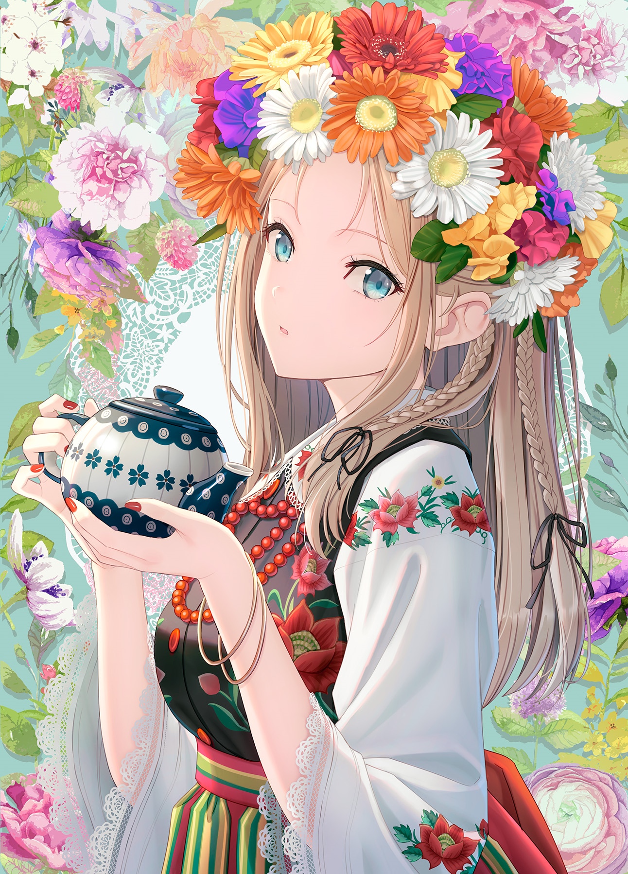 Anime girl with flower crown and traditional clothing holding teapot HD Phone Wallpaper