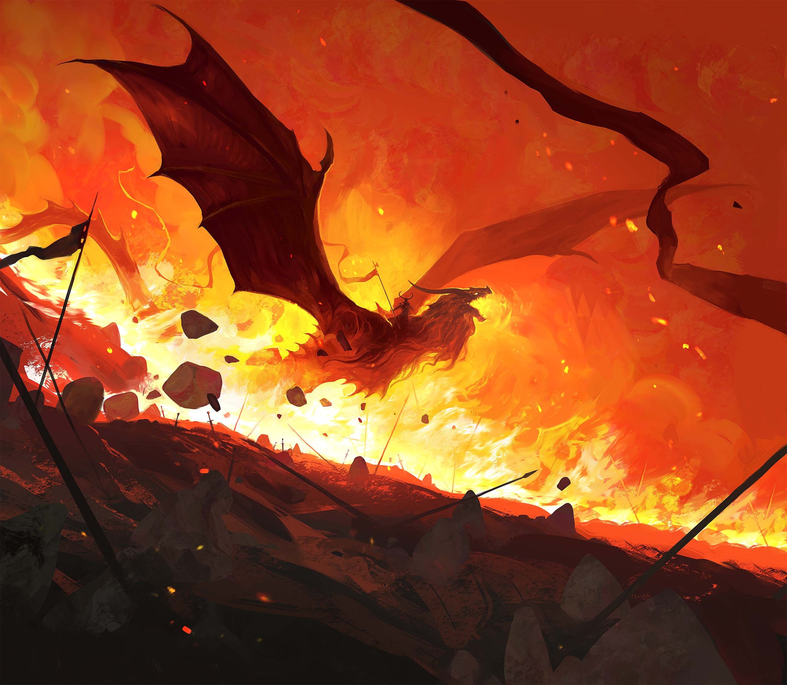 Dragon in a fiery landscape by Dominik Mayer HD Wallpaper