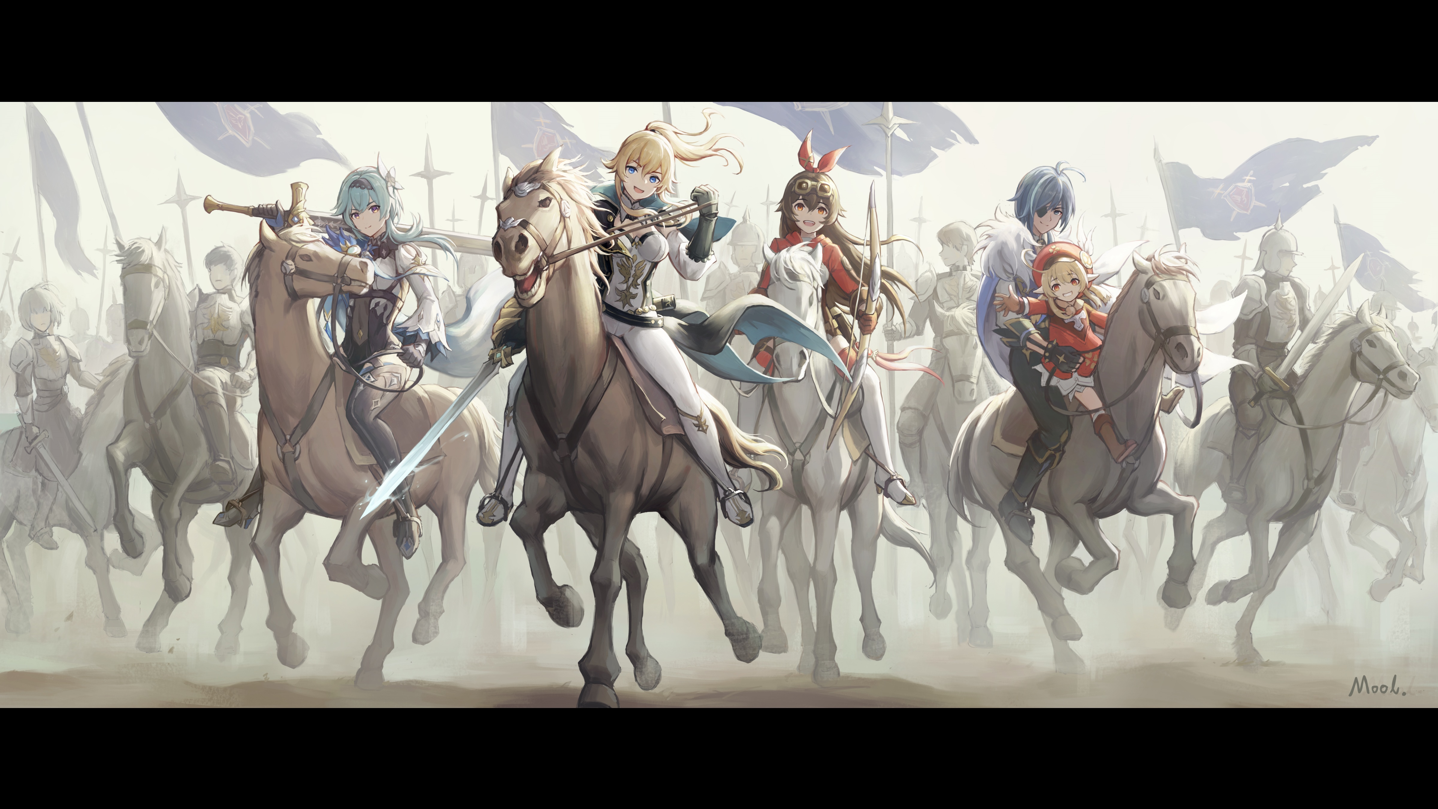 Genshin Impact Knights on Horseback with Swords HD Wallpaper