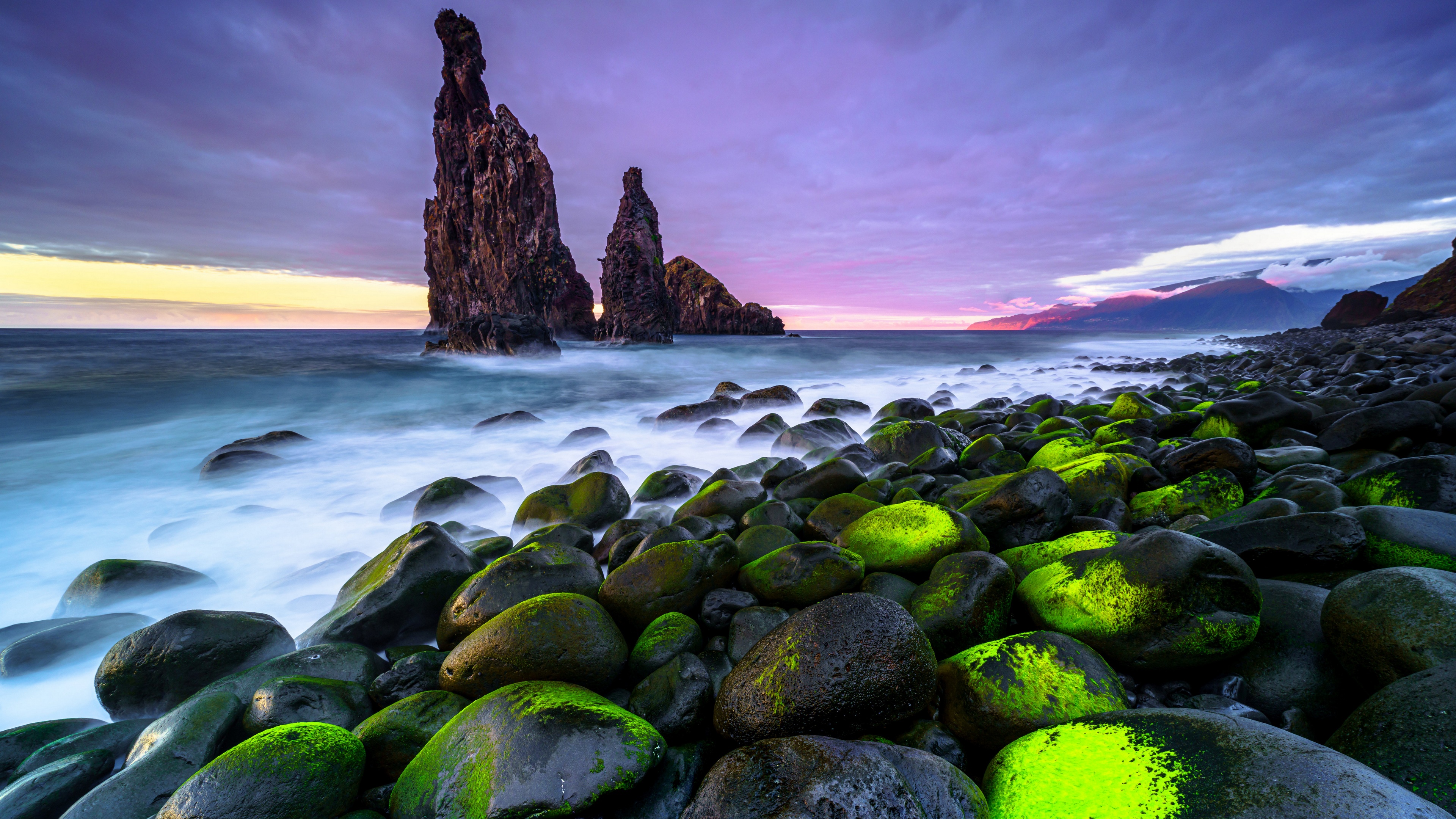 4K Madeira Coast with Mossy Rocks and Sea Stacks HD Wallpaper