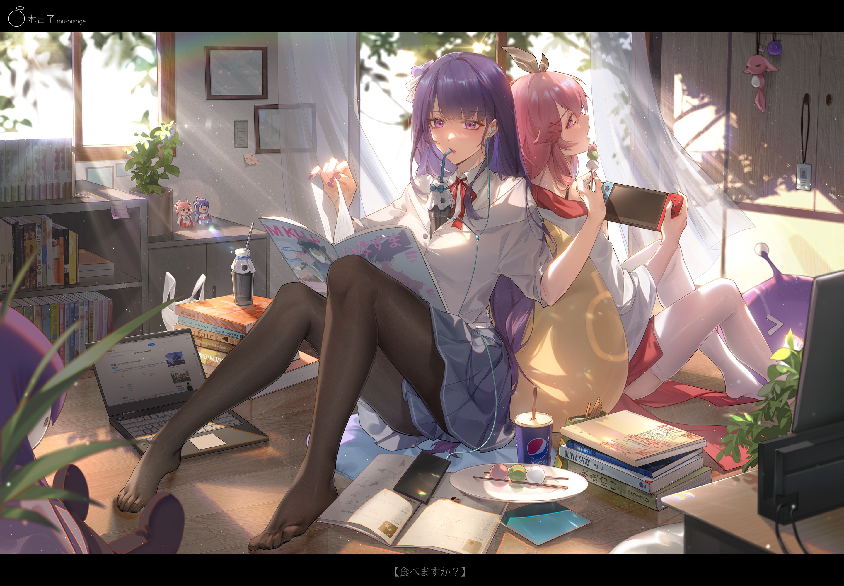 Anime girls reading and playing video games HD Wallpaper