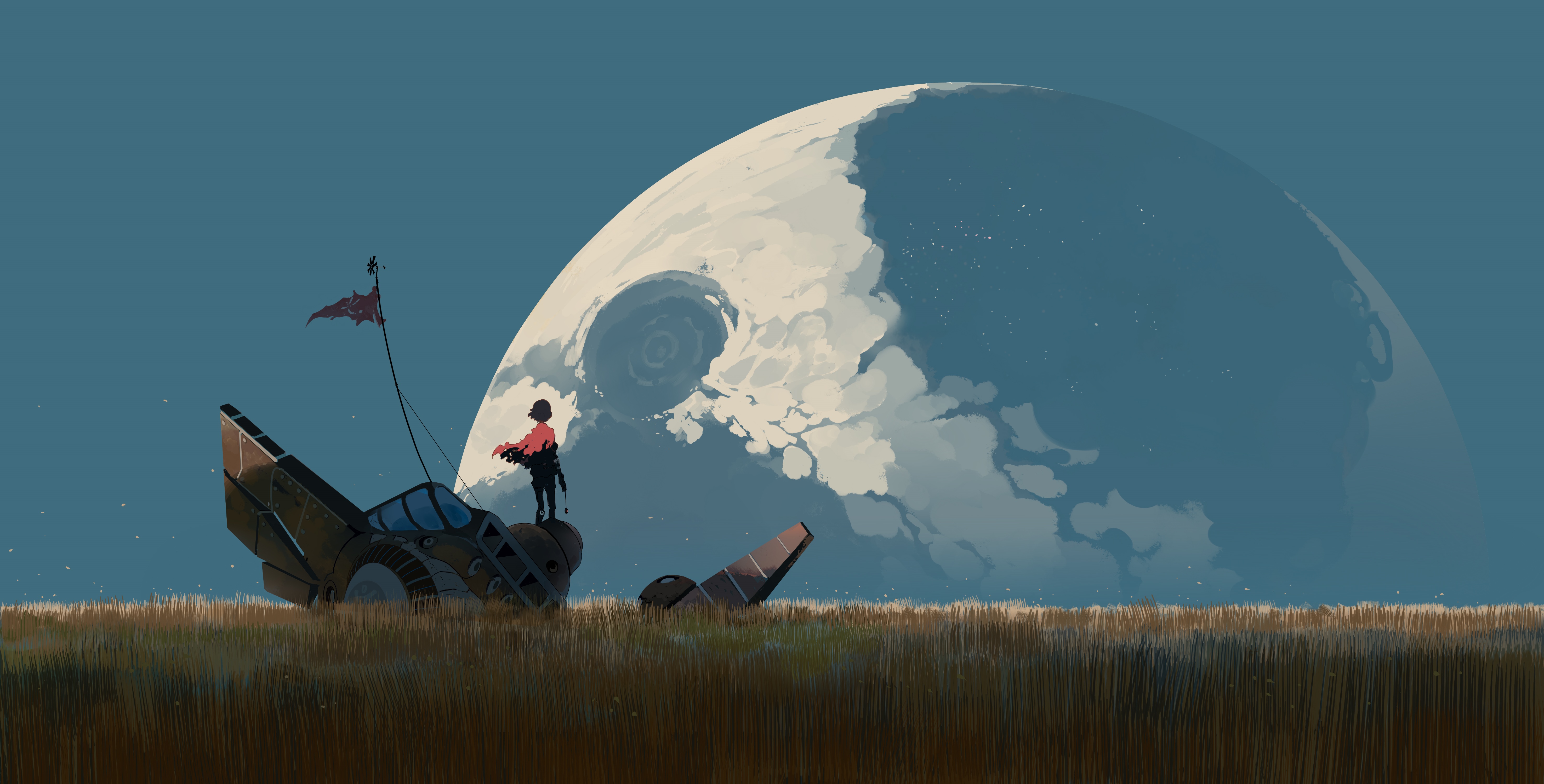 Anime sky with a person on a ship in a field HD Wallpaper