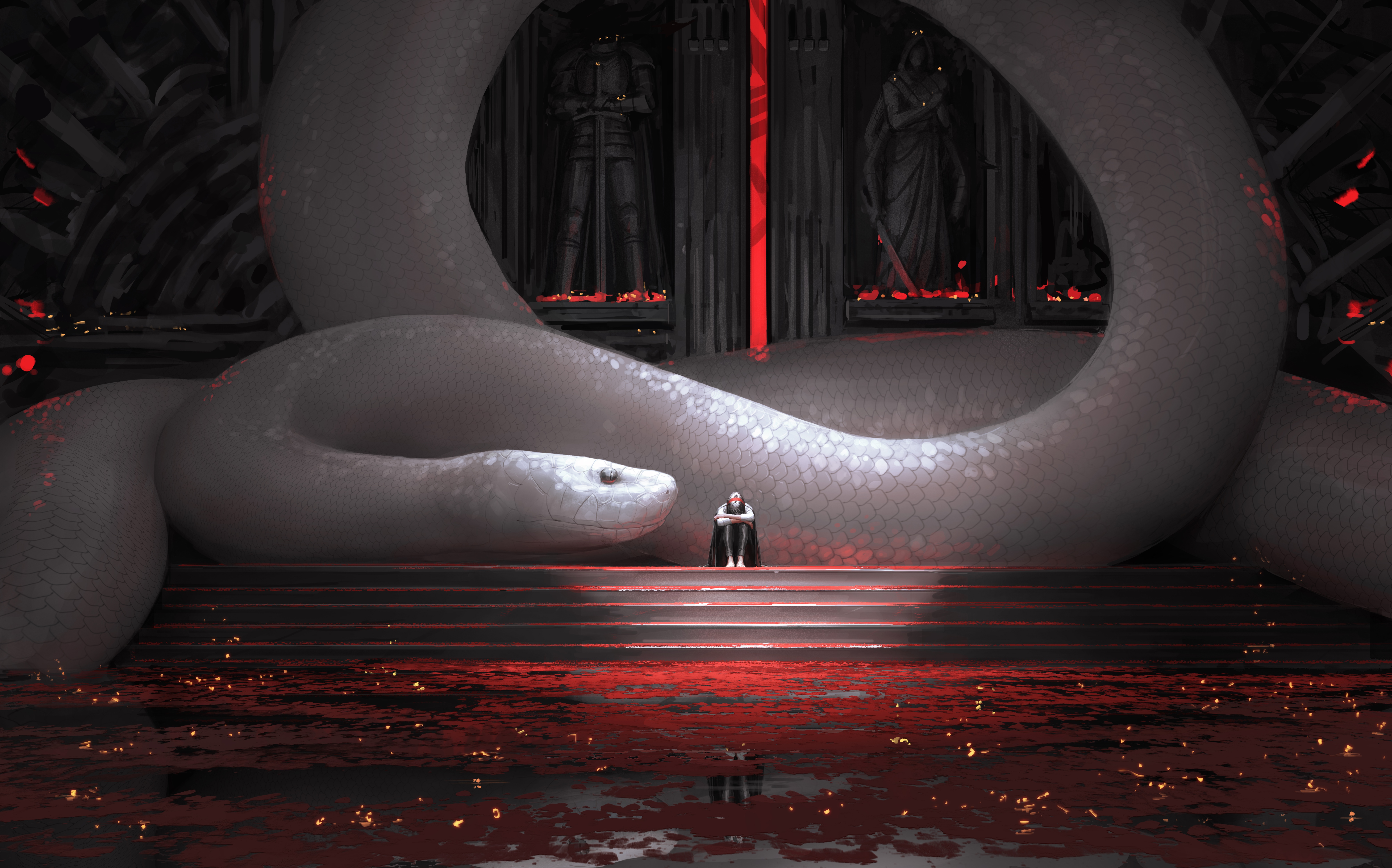 4K Fantasy Art of a Woman and a Giant Snake HD Wallpaper