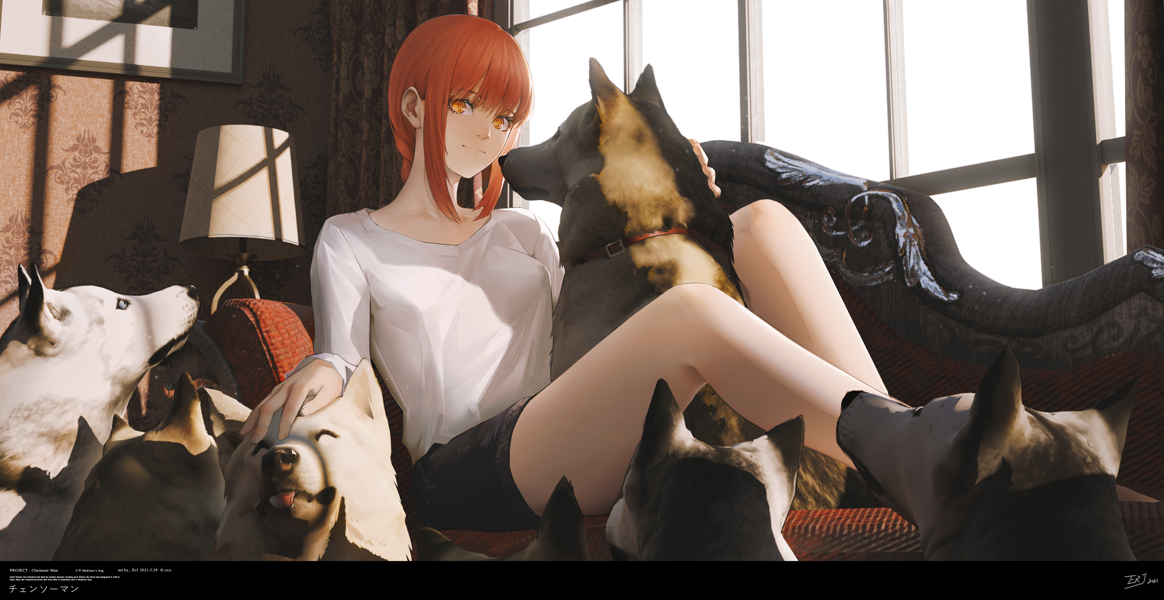 Chainsaw Man: Makima with dogs on a couch HD Wallpaper