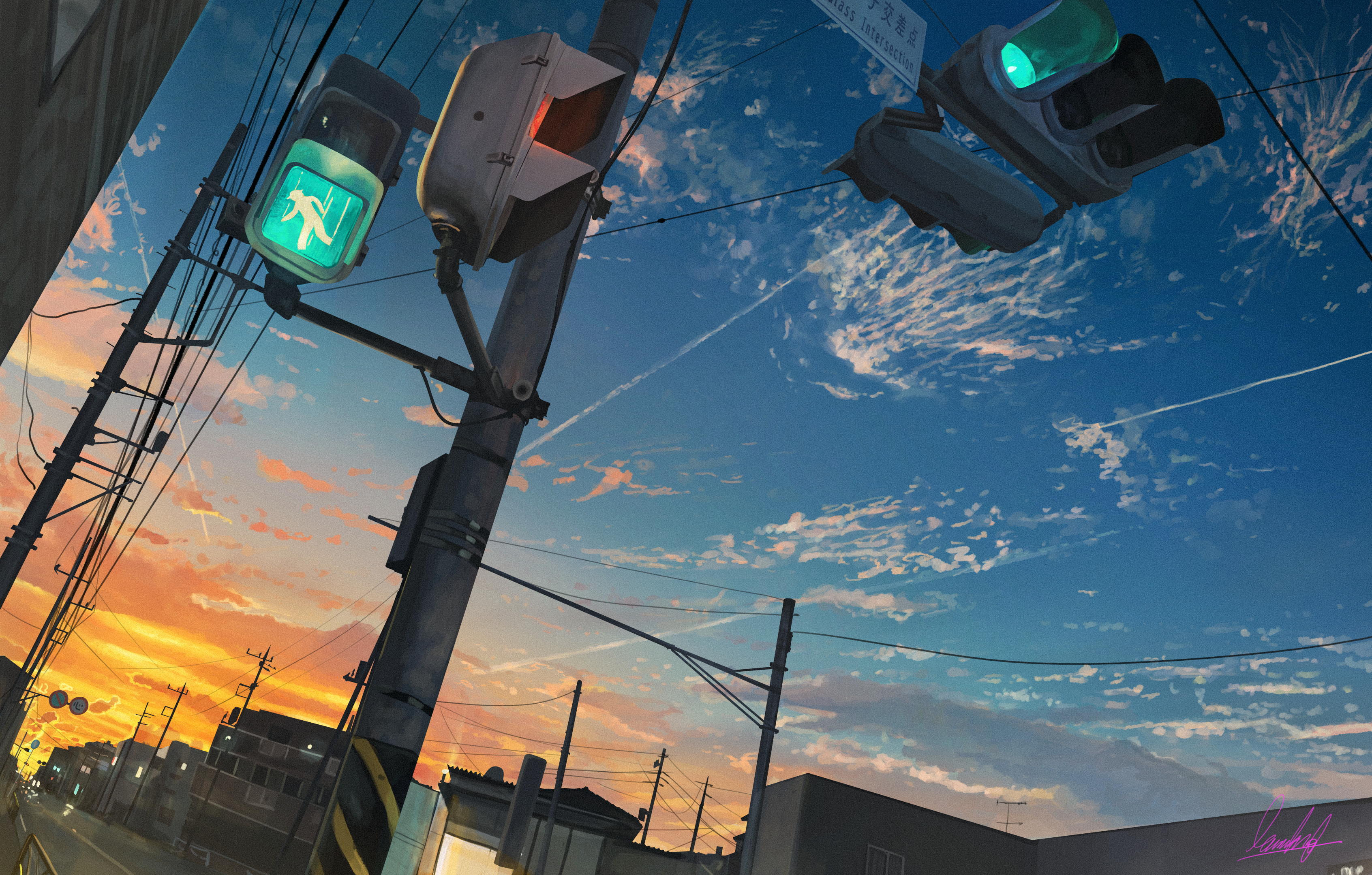Traffic lights and clouds at sunset HD Wallpaper